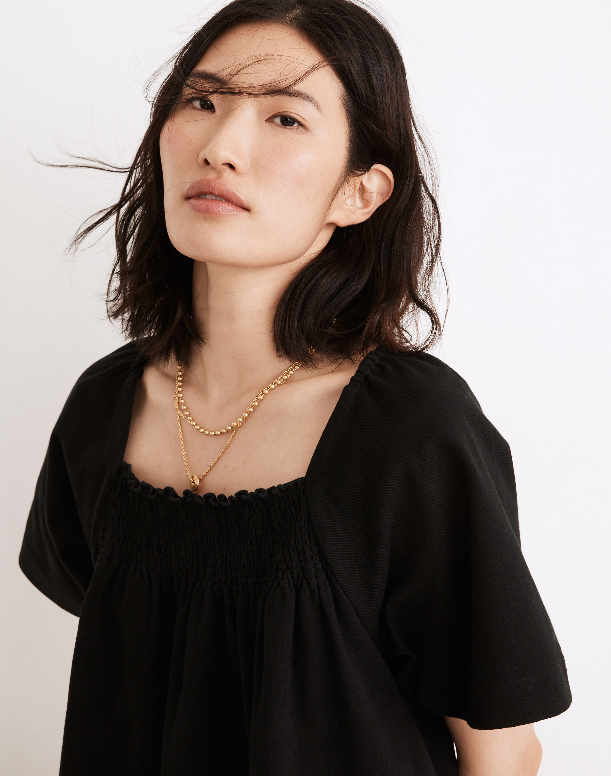 Smocked-Neck Wide-Sleeve Mini Dress