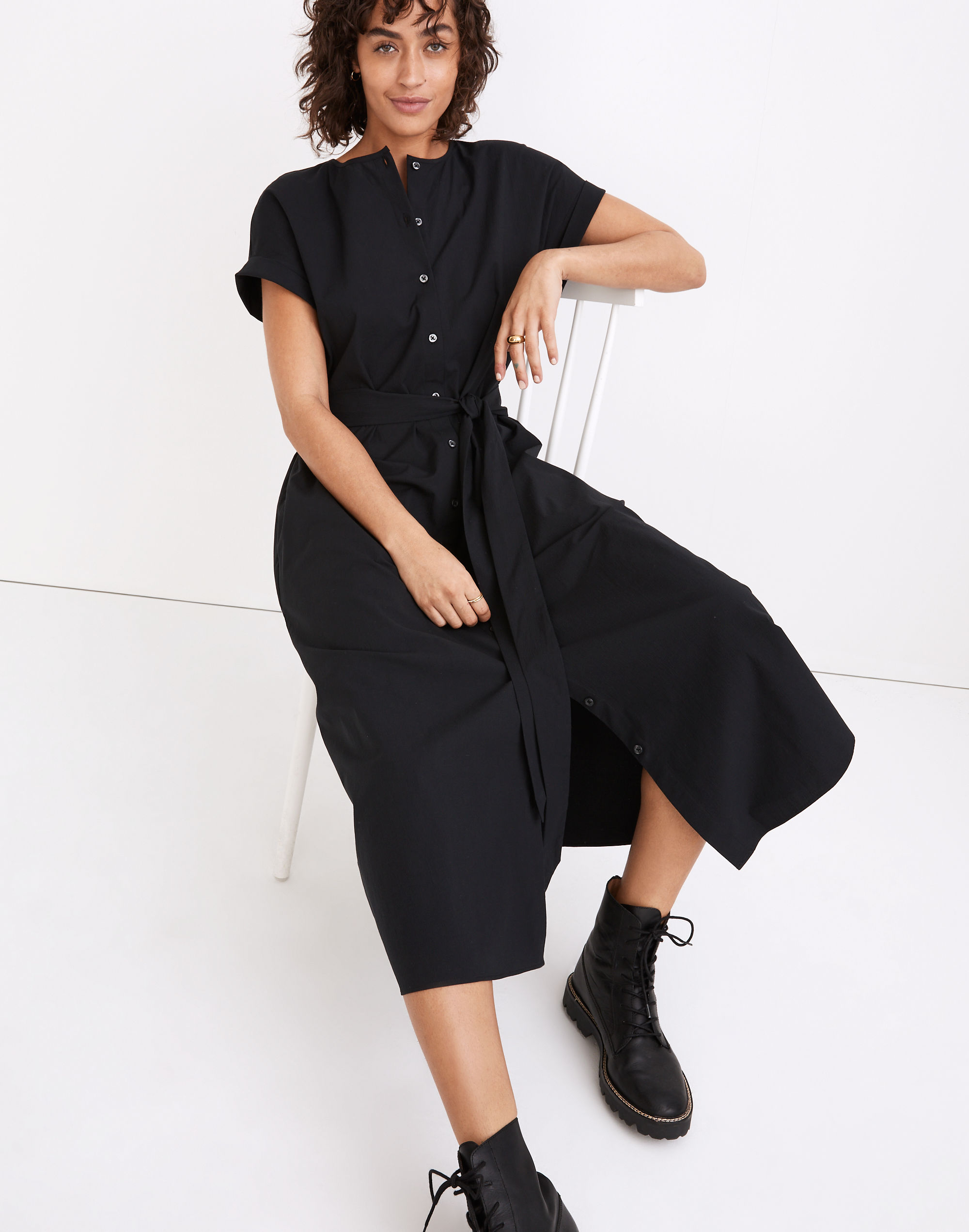 Dolman-Sleeve Button-Front Midi Dress