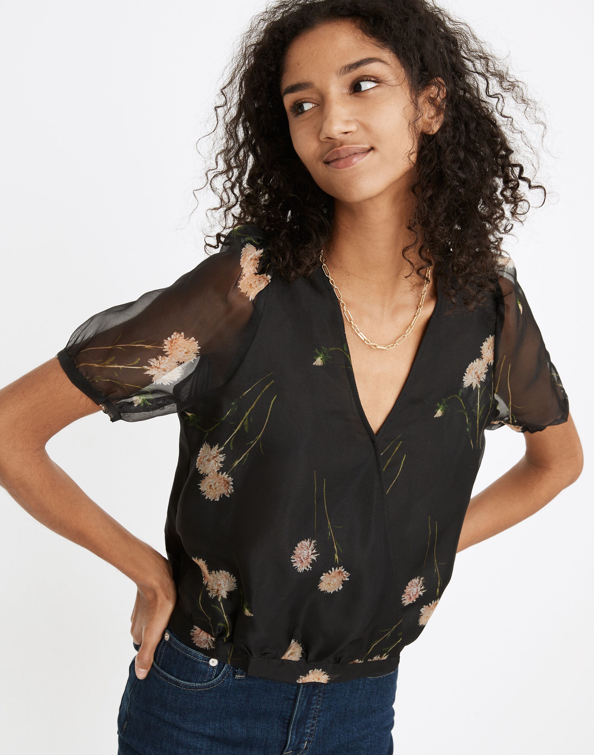 Silk Organza Puff-Sleeve Wrap Top in Aster Portrait