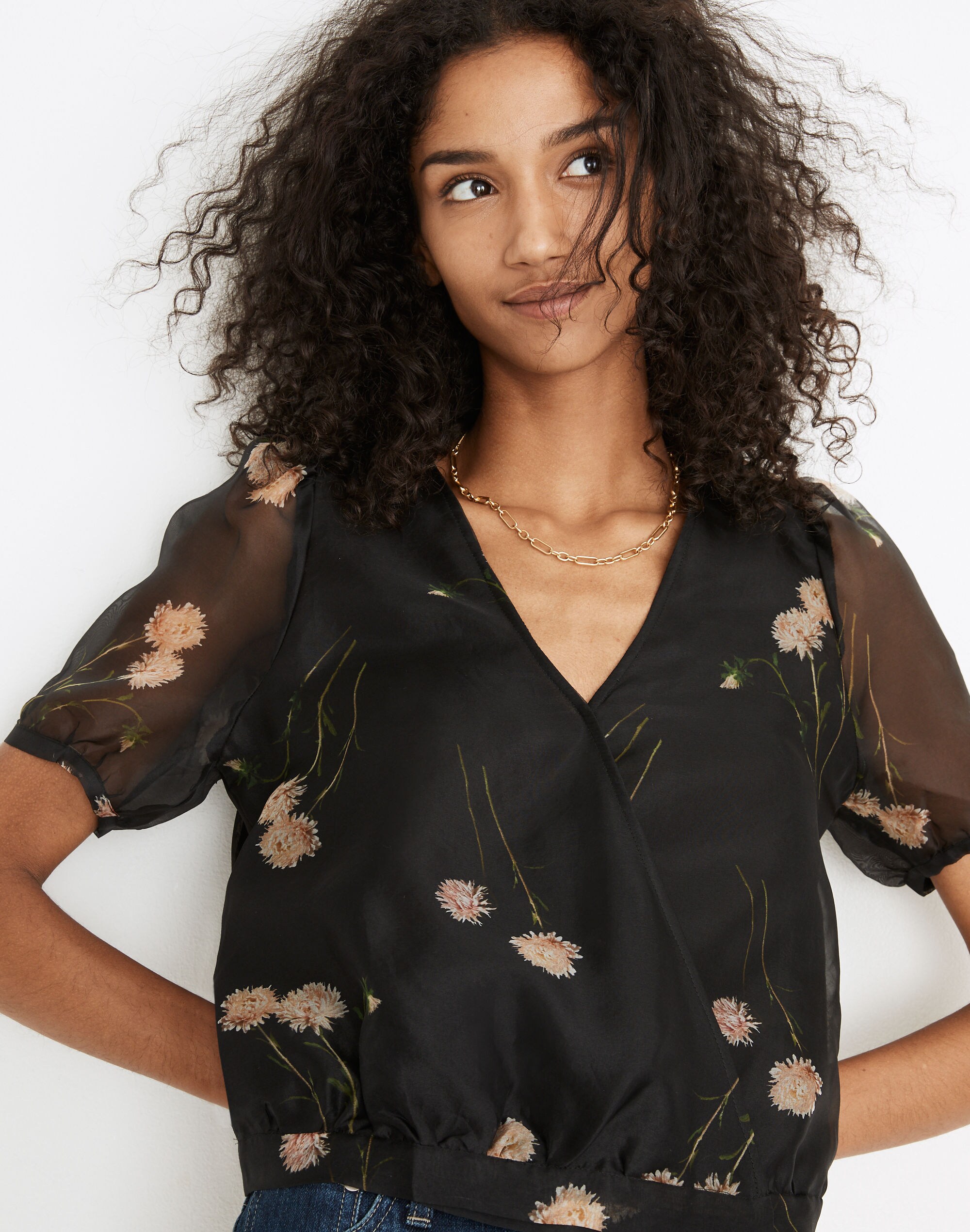 Silk Organza Puff-Sleeve Wrap Top in Aster Portrait