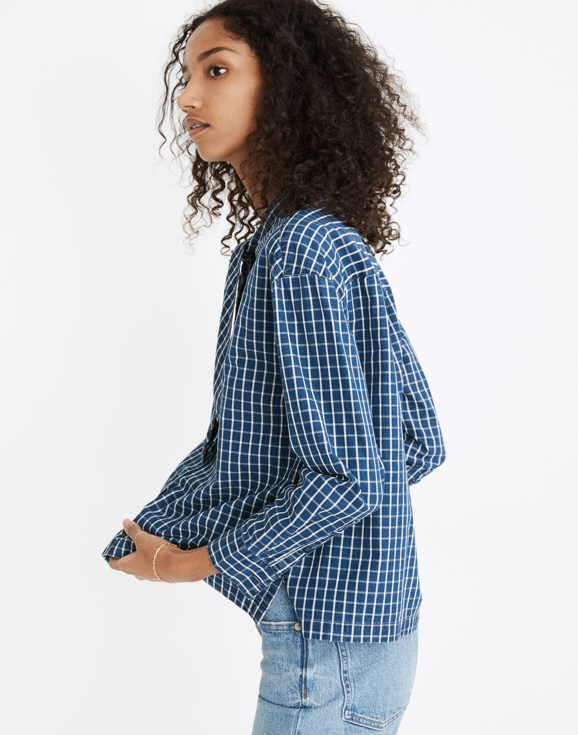 Denim Tie-Neck Westlake Shirt in Plaid