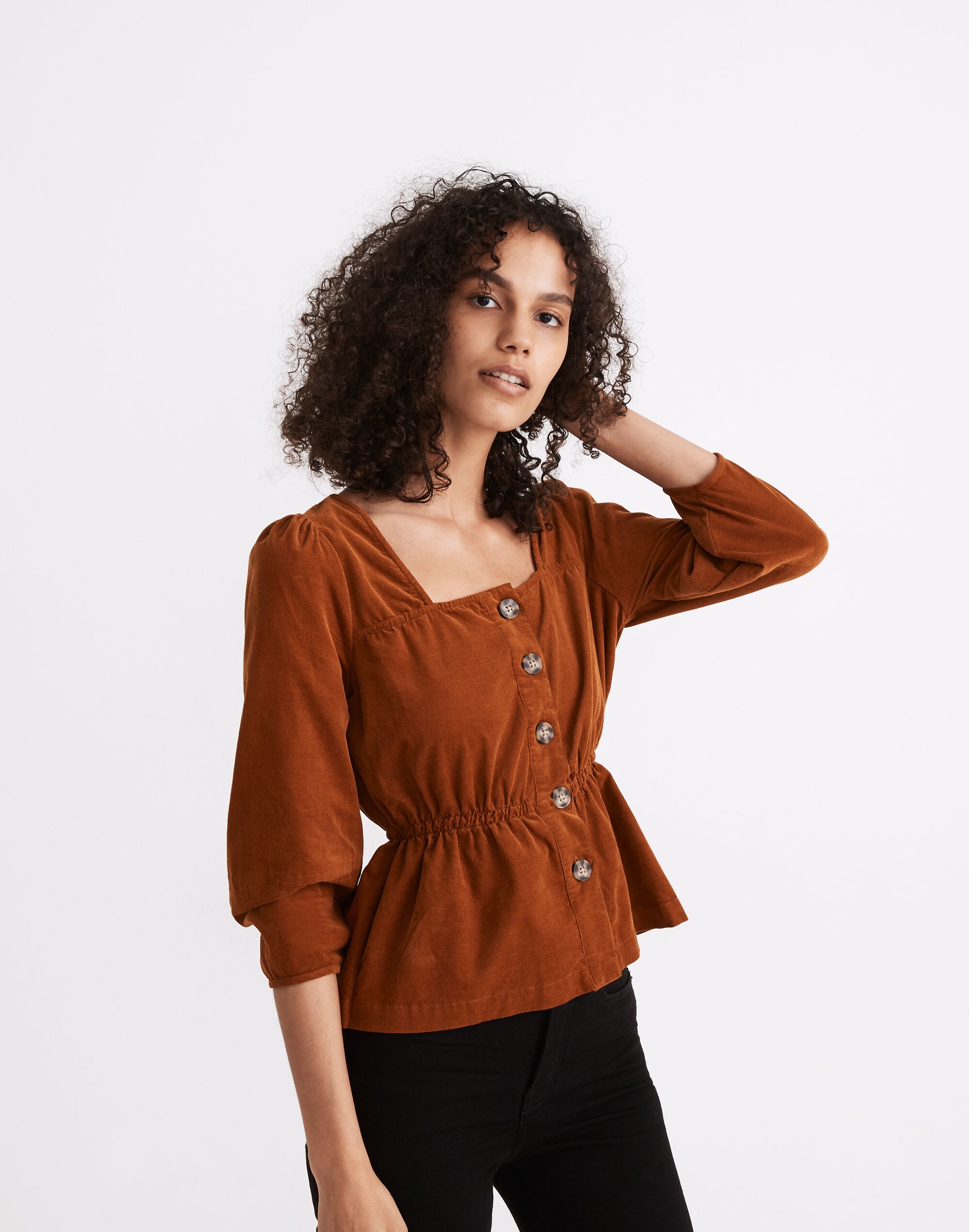 Corduroy Button-Front Peplum Top