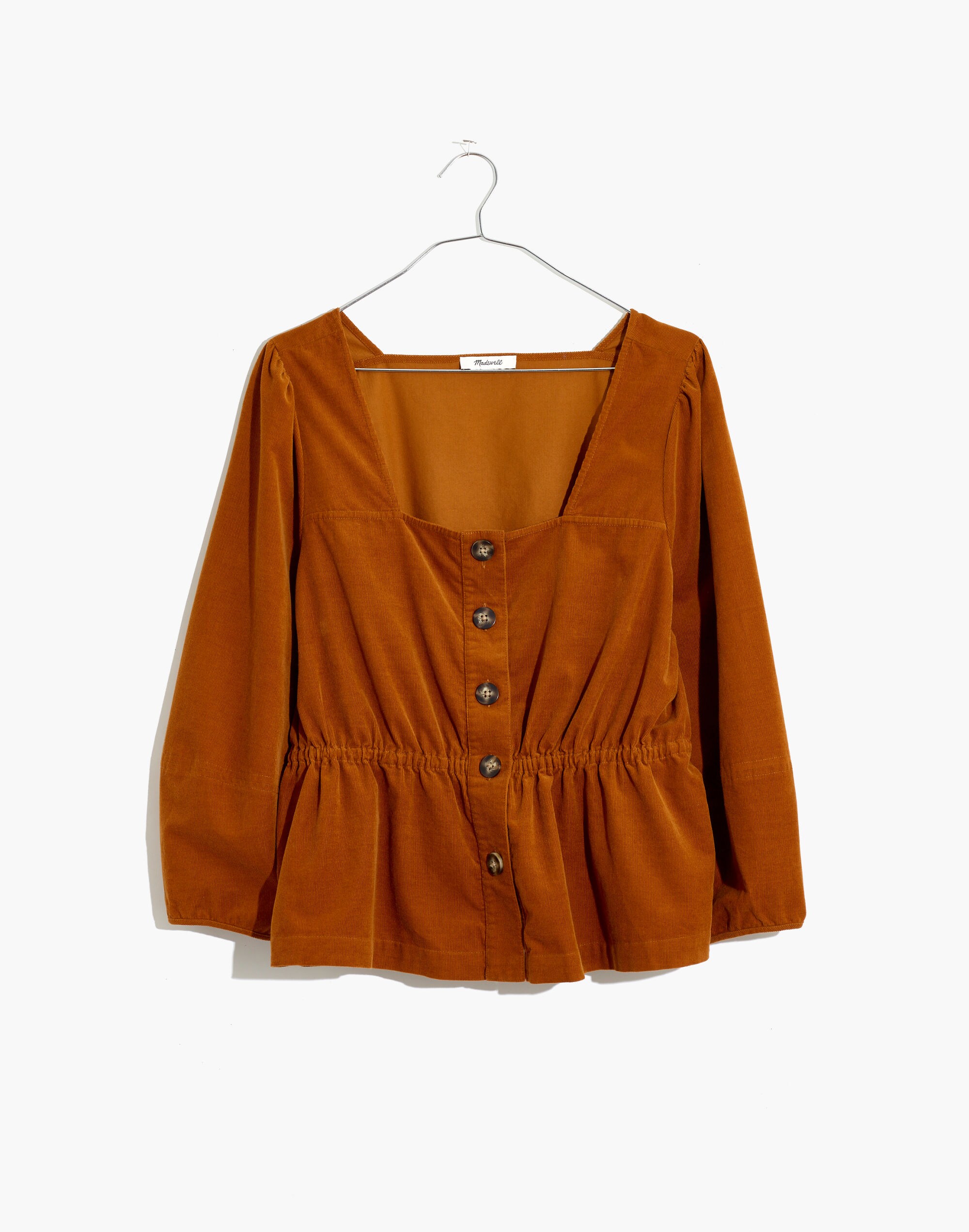Corduroy Button-Front Peplum Top