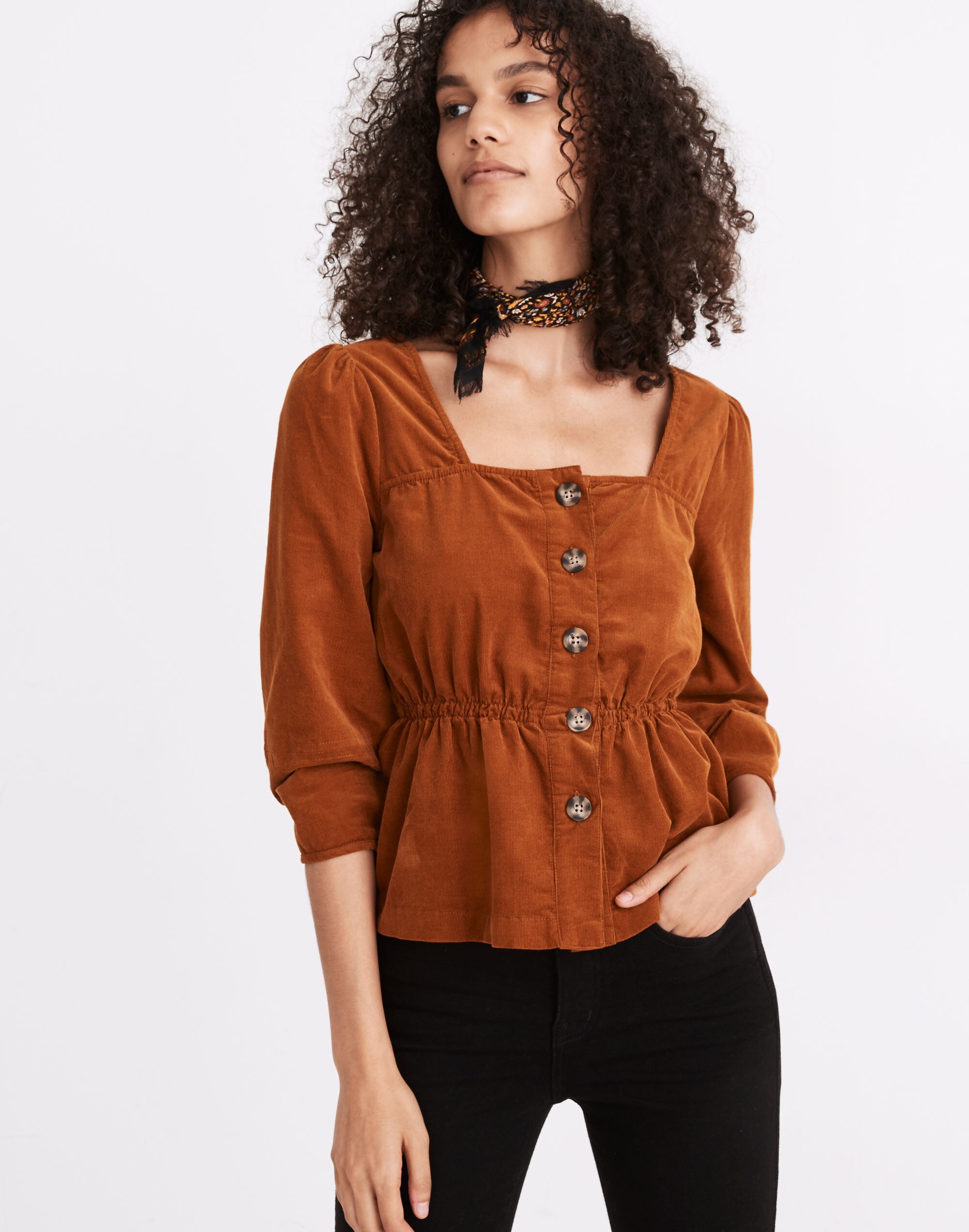 Corduroy Button-Front Peplum Top