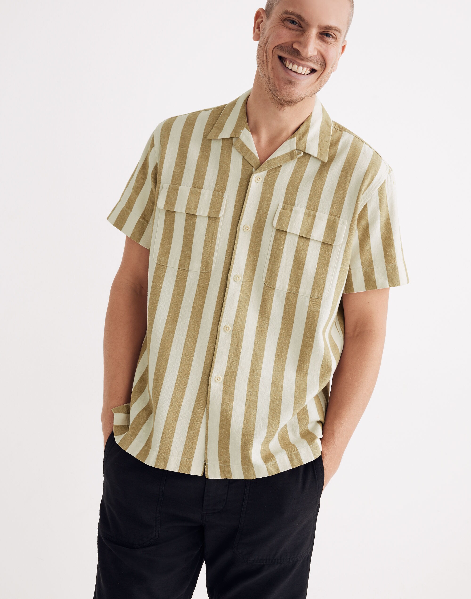 Linen-Cotton Easy Short-Sleeve Camp Shirt in Gladstone Stripe