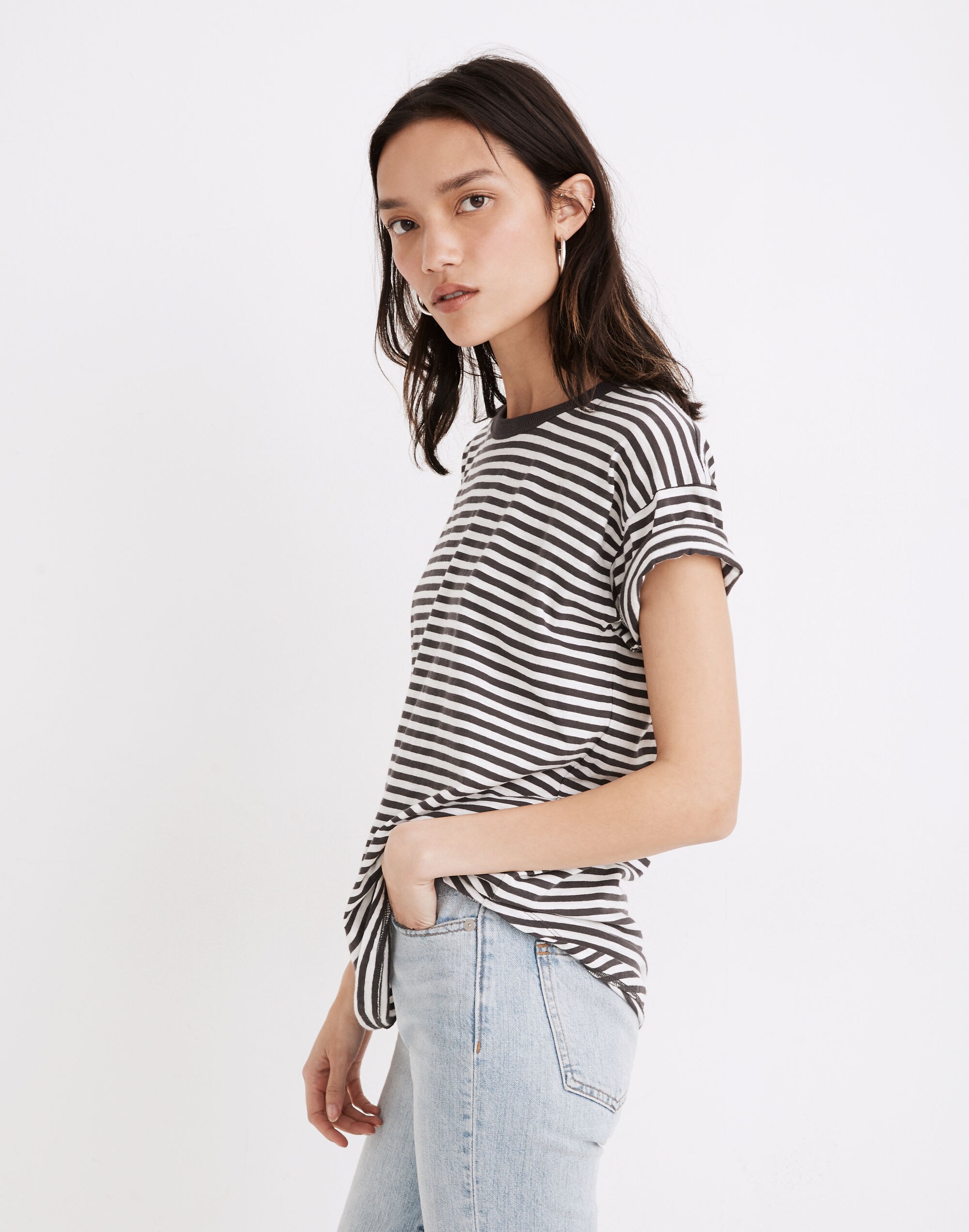 Whisper Cotton Rib-Crewneck Tee in Damien Stripe