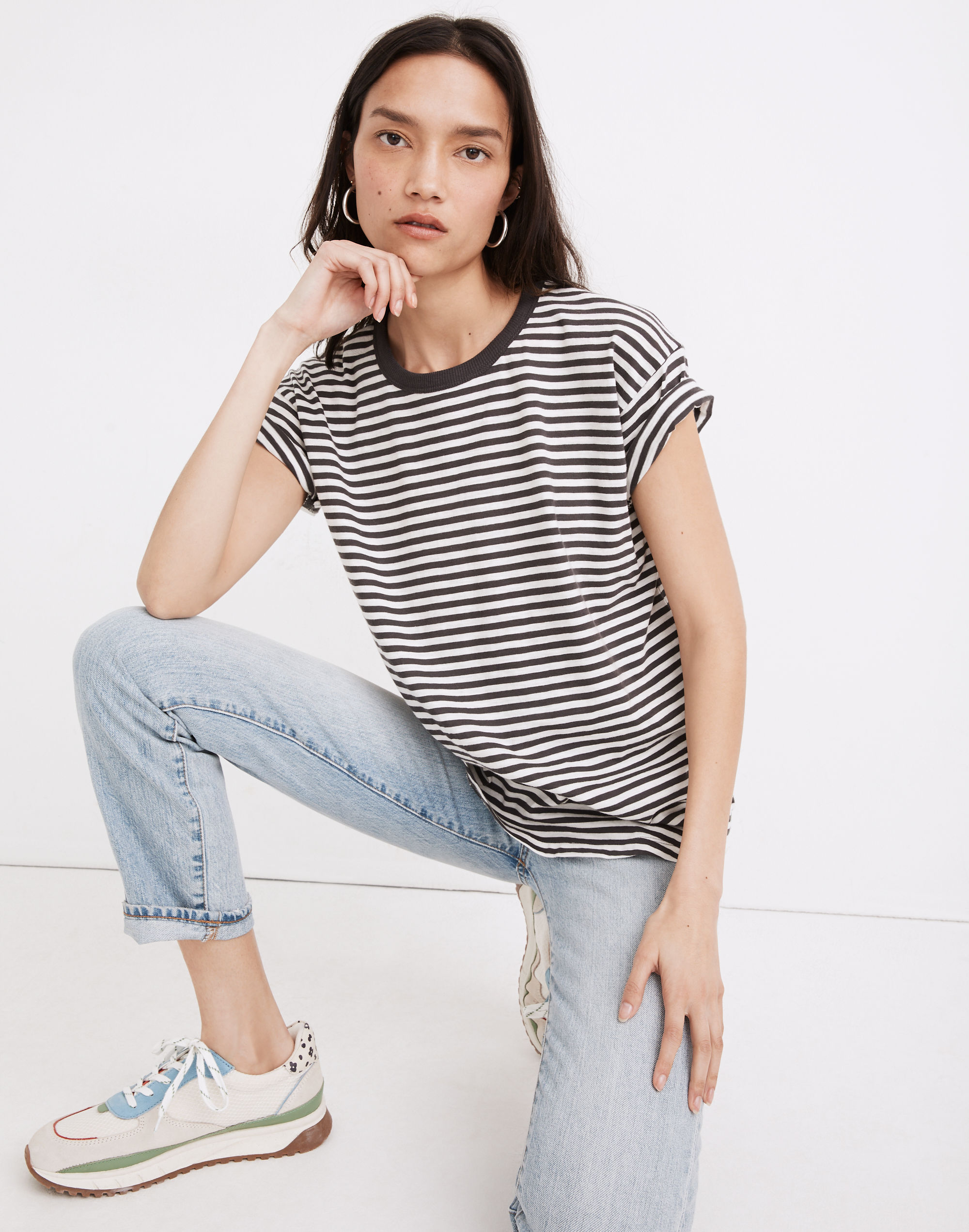Whisper Cotton Rib-Crewneck Tee in Damien Stripe