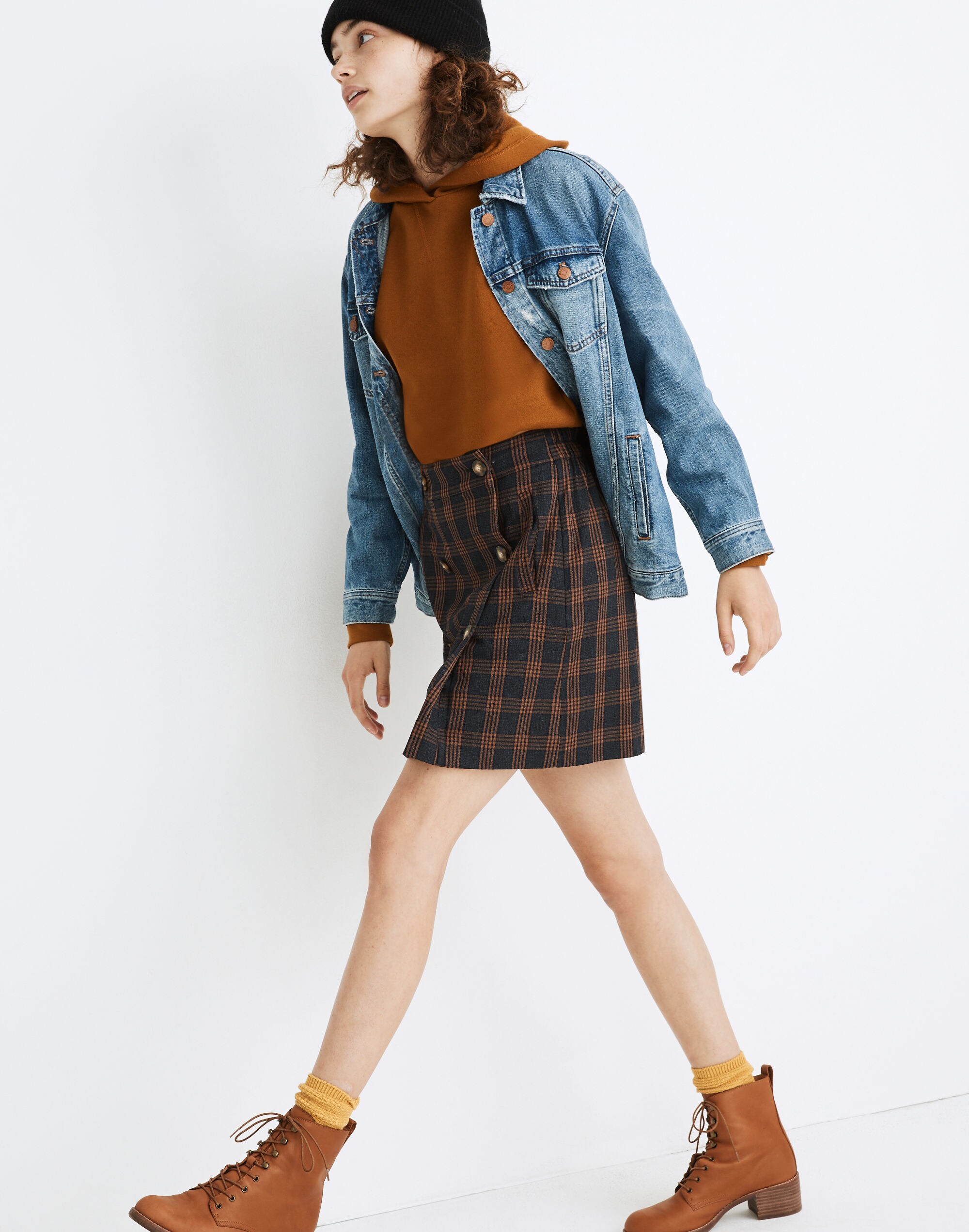 Plaid Double-Breasted Mini Skirt