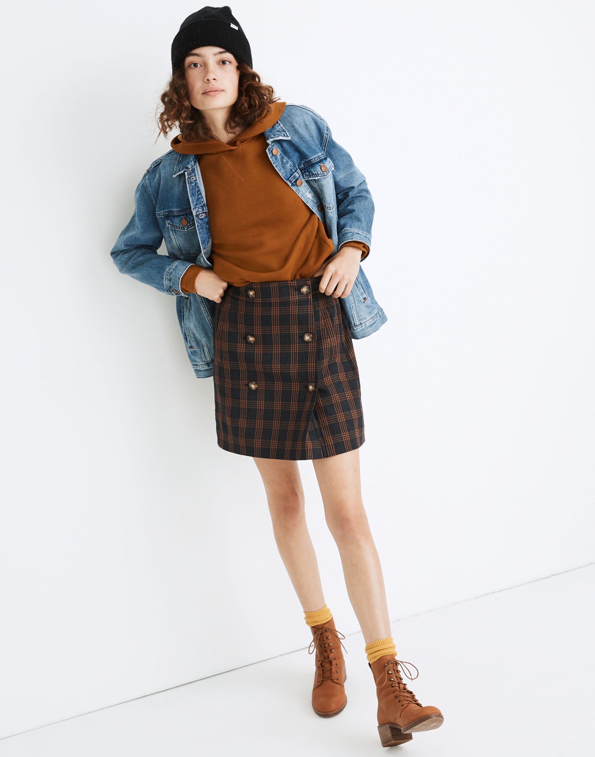 plaid double-breasted mini skirt