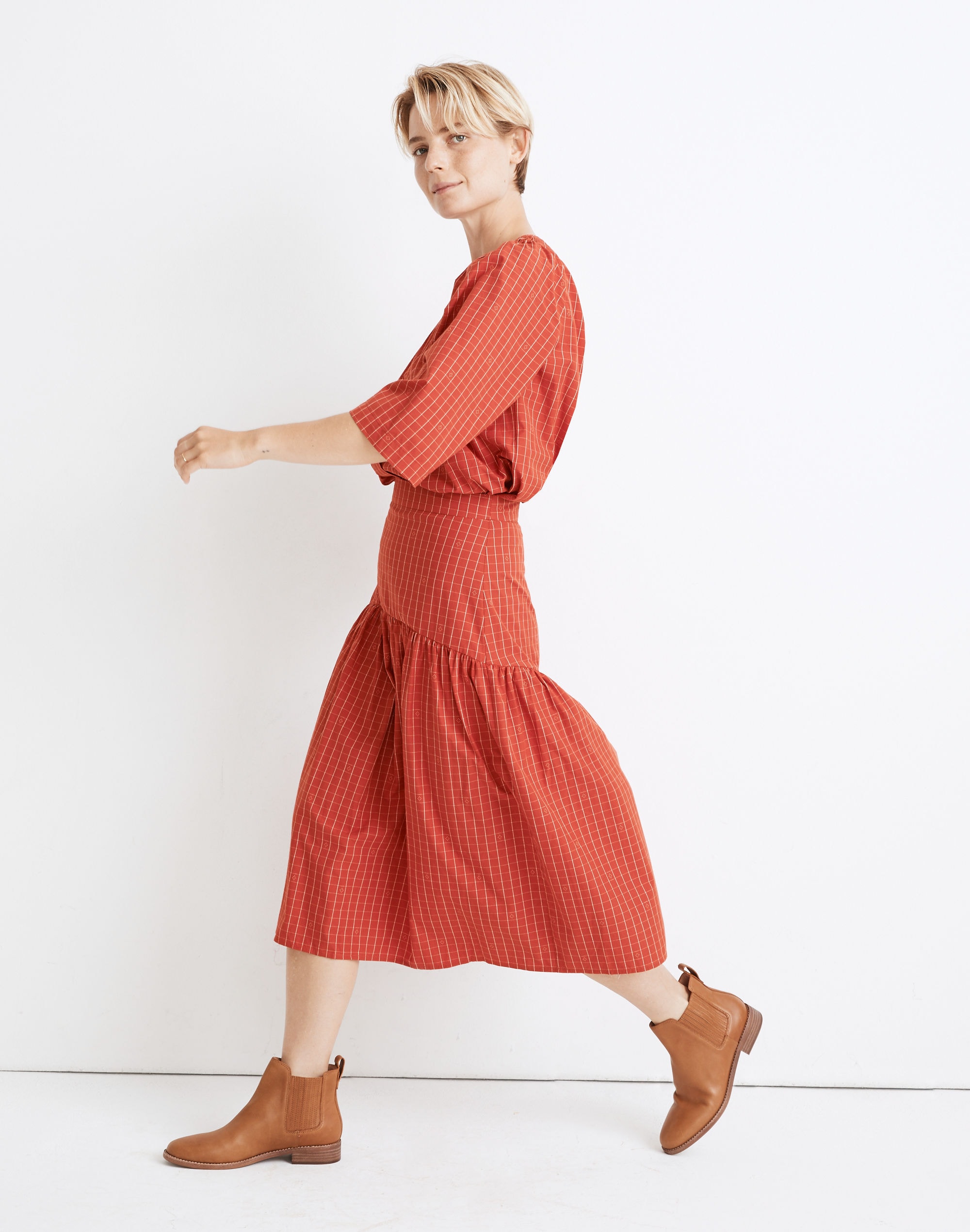 Drop-Waist Midi Skirt in Windowpane Jacquard