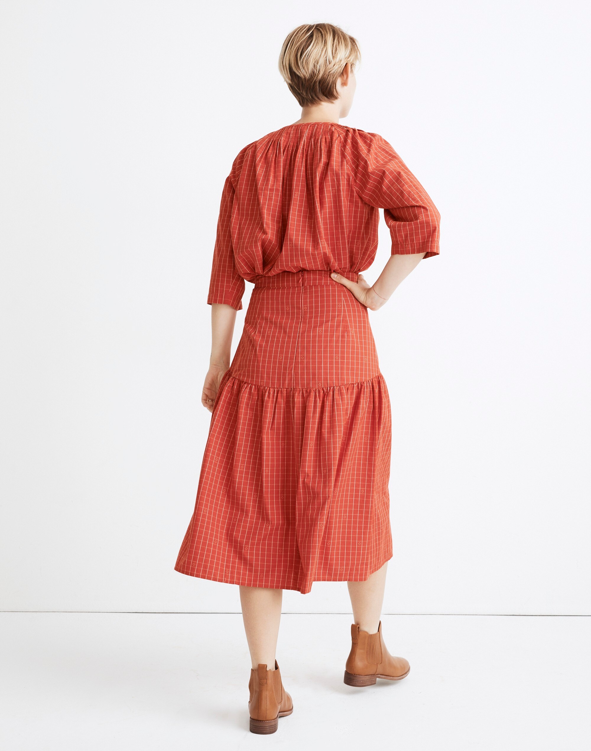 Drop-Waist Midi Skirt in Windowpane Jacquard