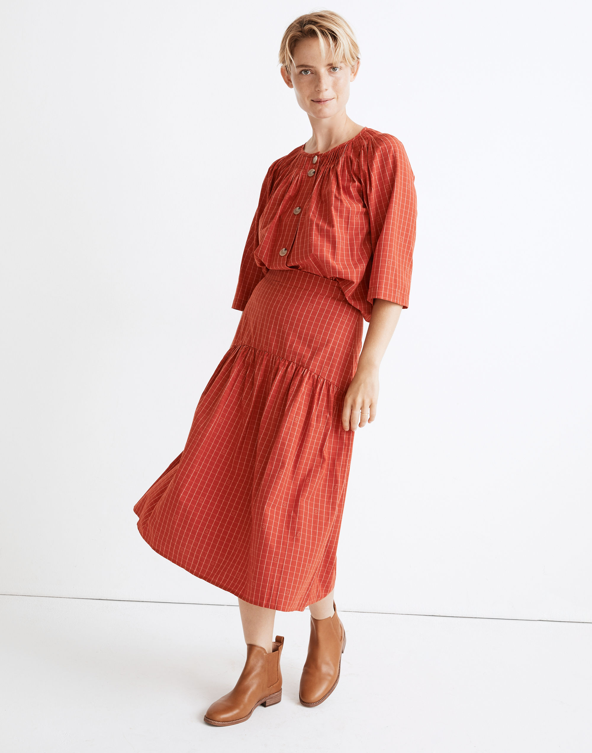 Drop-Waist Midi Skirt in Windowpane Jacquard