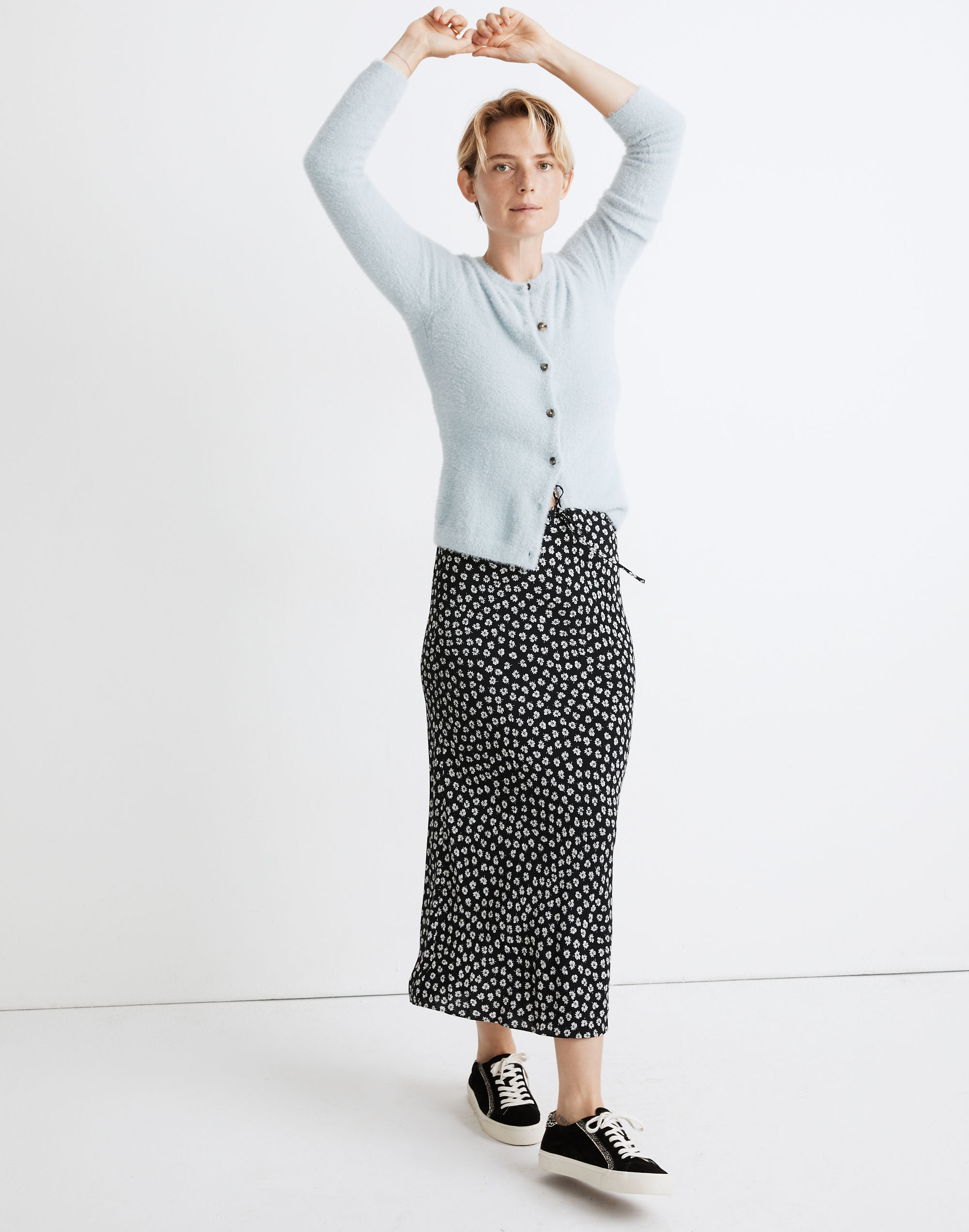 Drawstring Midi Slip Skirt in Woodcut Flowers