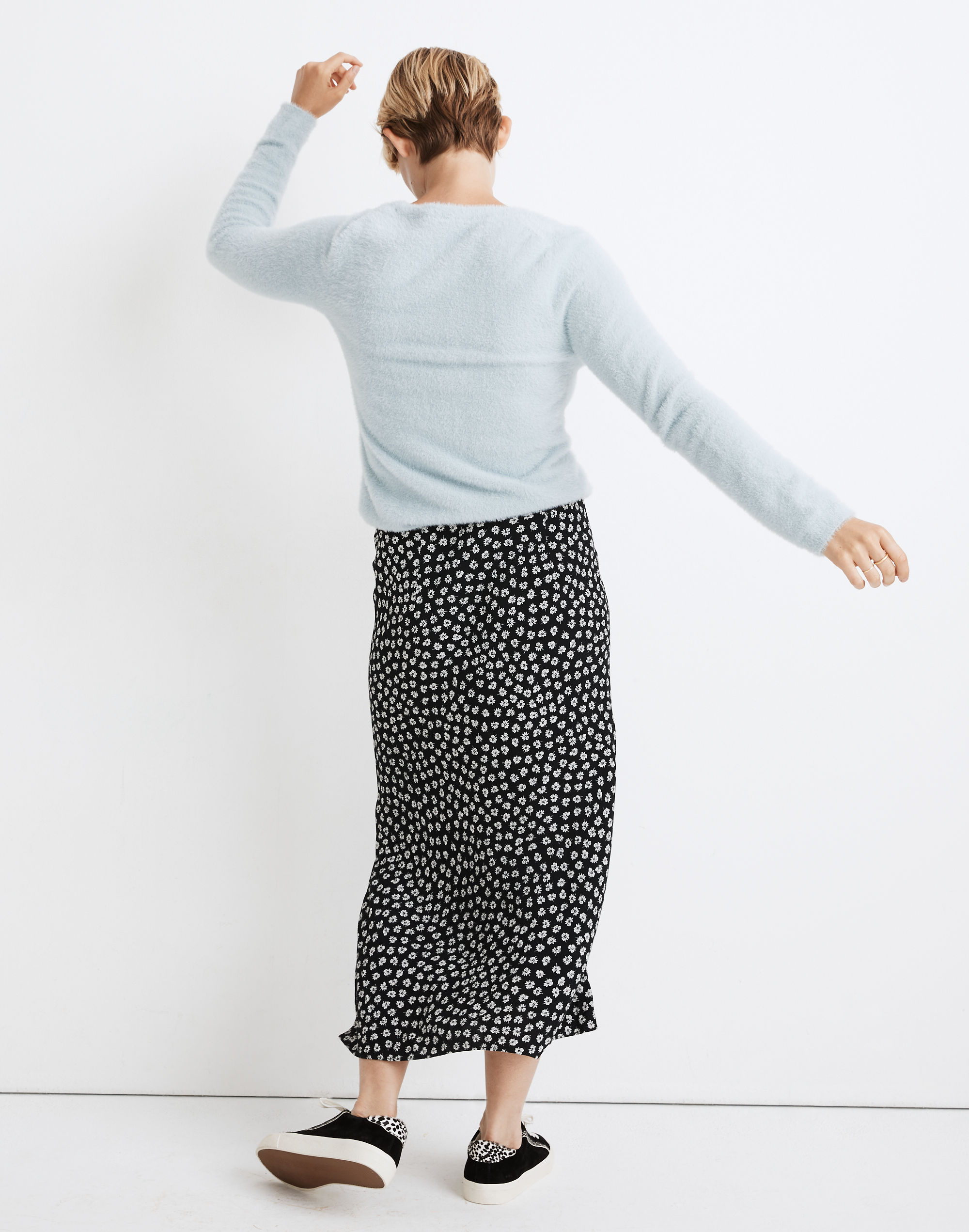 Drawstring Midi Slip Skirt in Woodcut Flowers