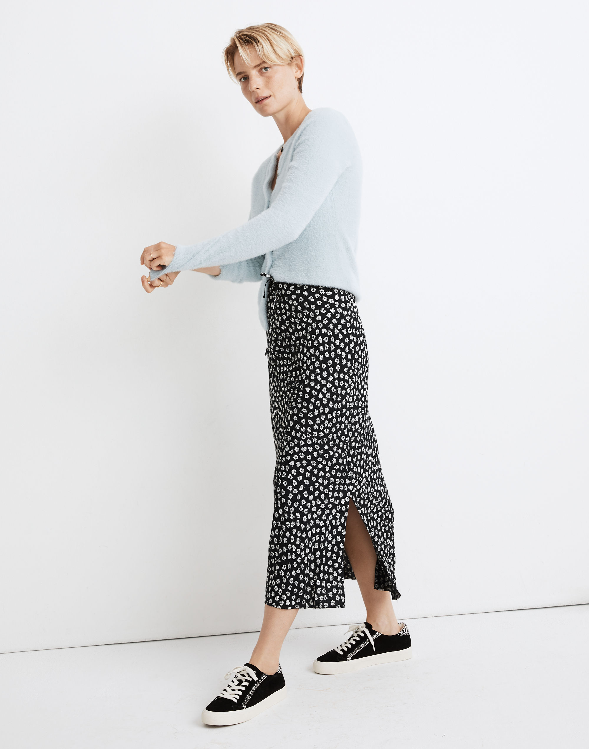 Drawstring Midi Slip Skirt in Woodcut Flowers