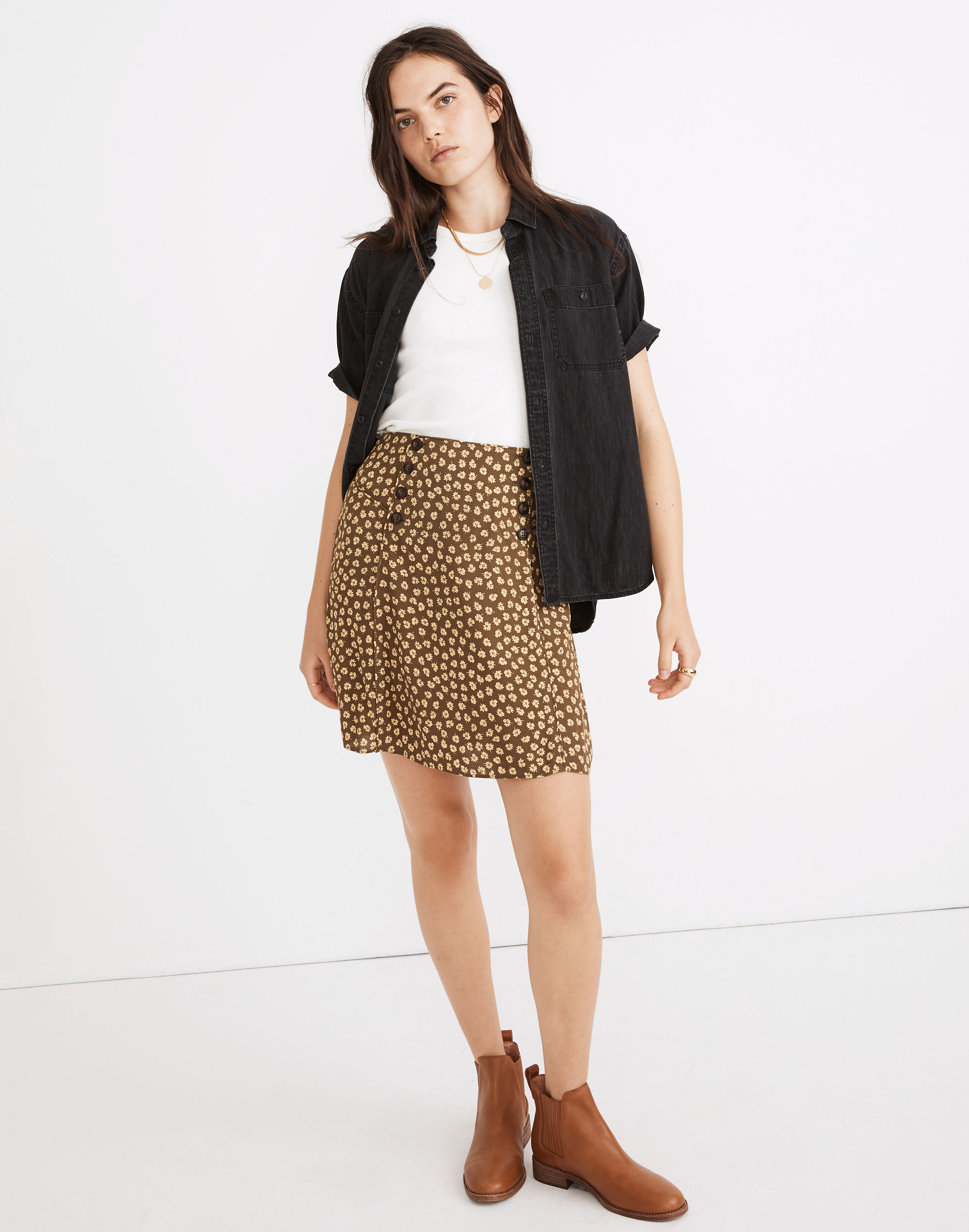 piped mini skirt in woodcut flowers