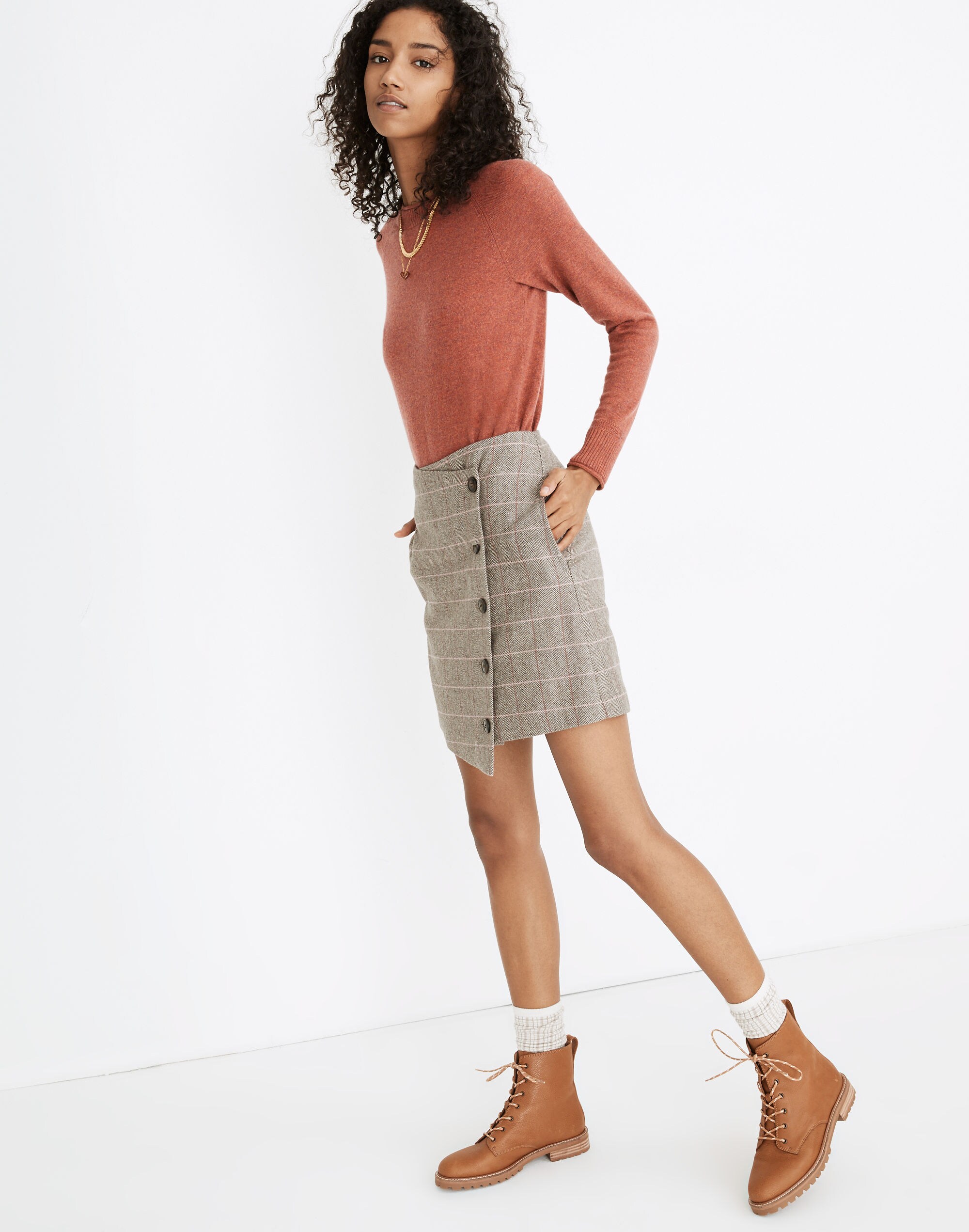 Asymmetrical Side-Button Mini Skirt in Windowpane