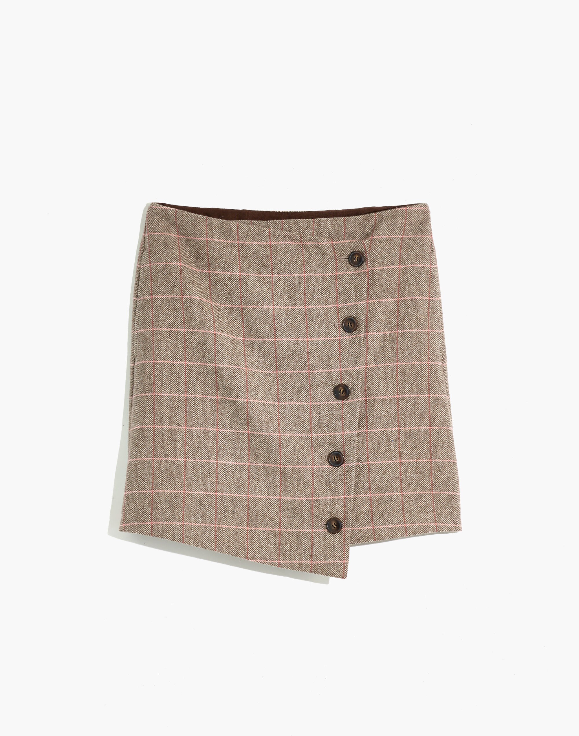 Asymmetrical Side-Button Mini Skirt in Windowpane