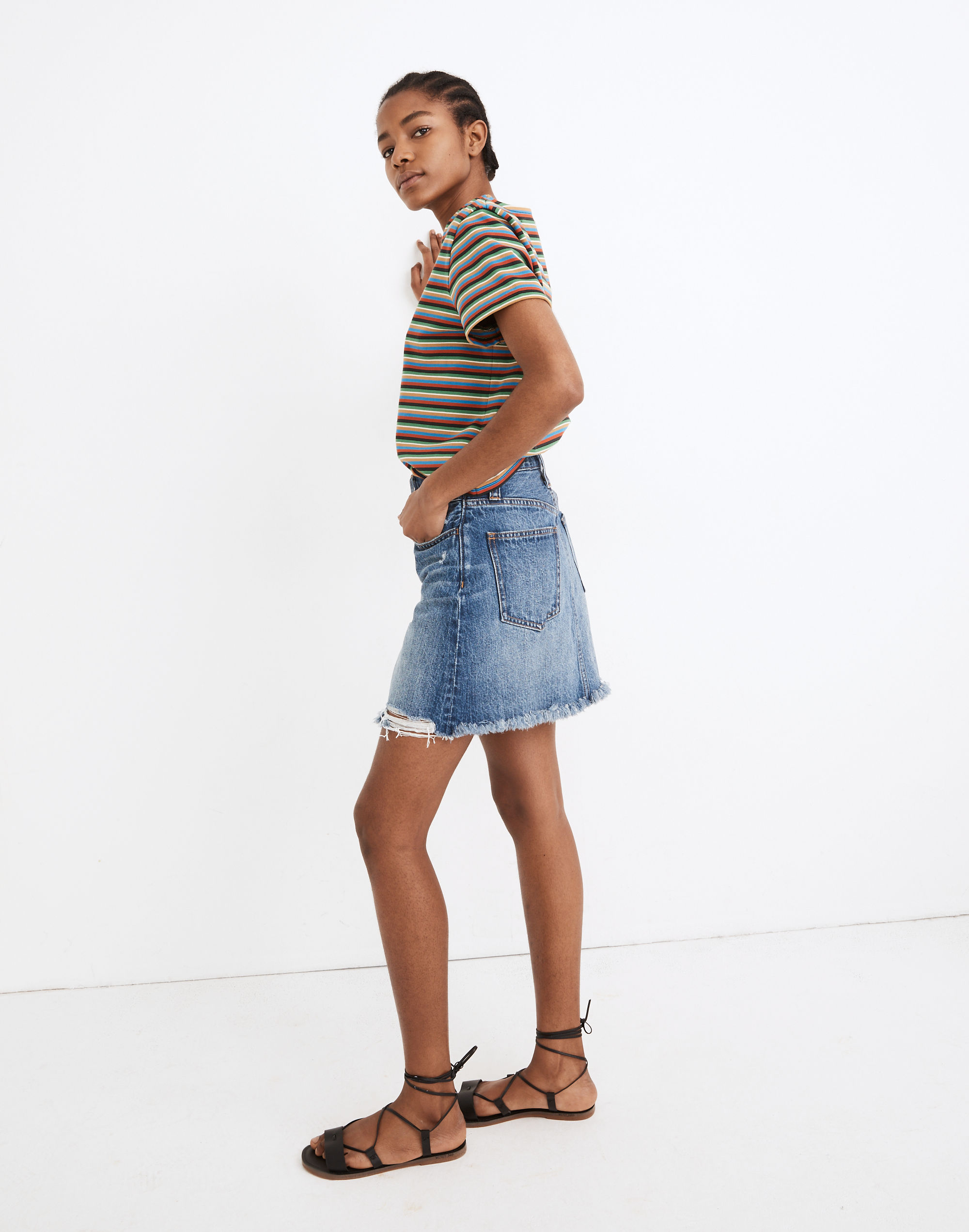 Rigid Denim Straight Mini Skirt: Destructed Edition