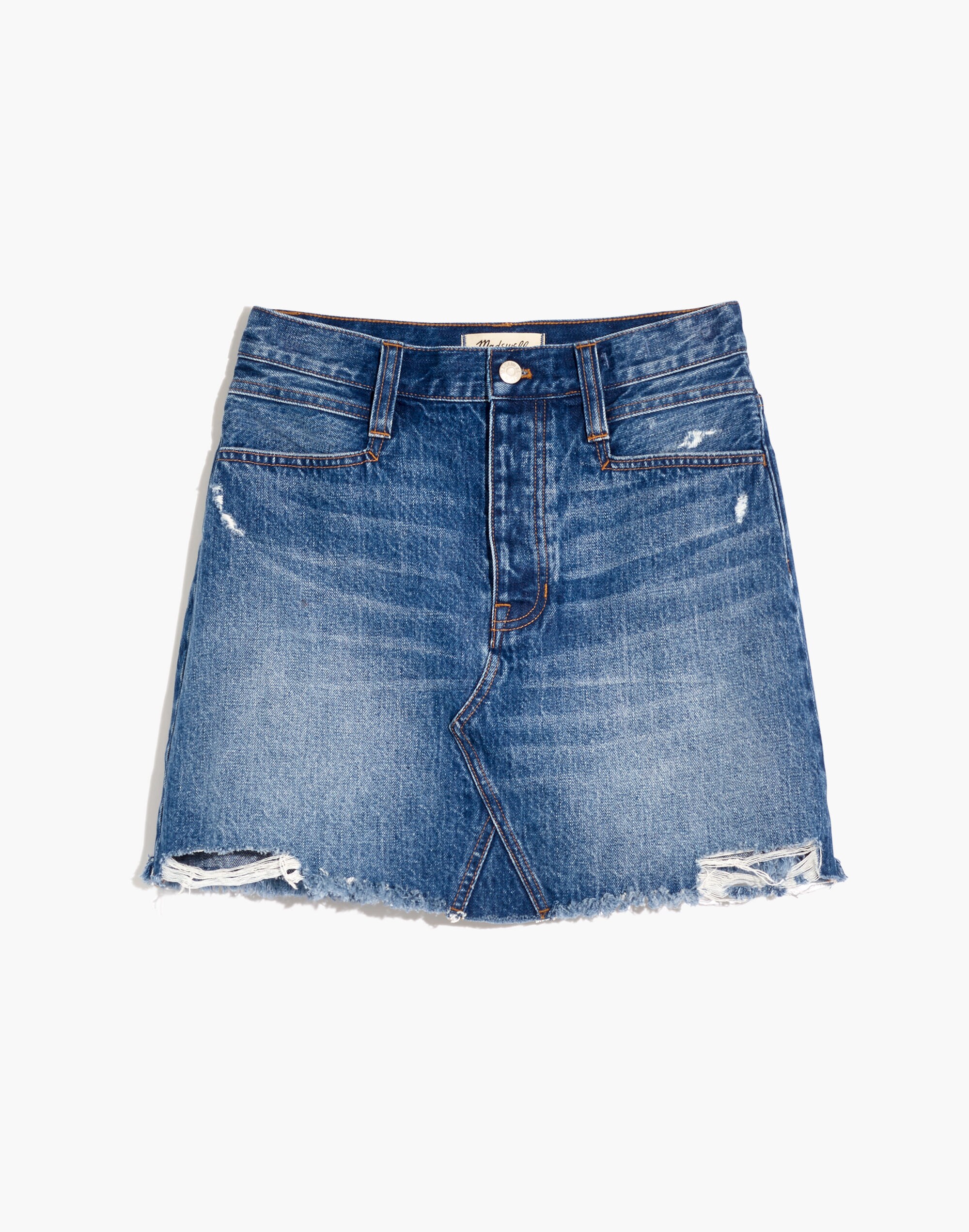 Rigid Denim Straight Mini Skirt: Destructed Edition