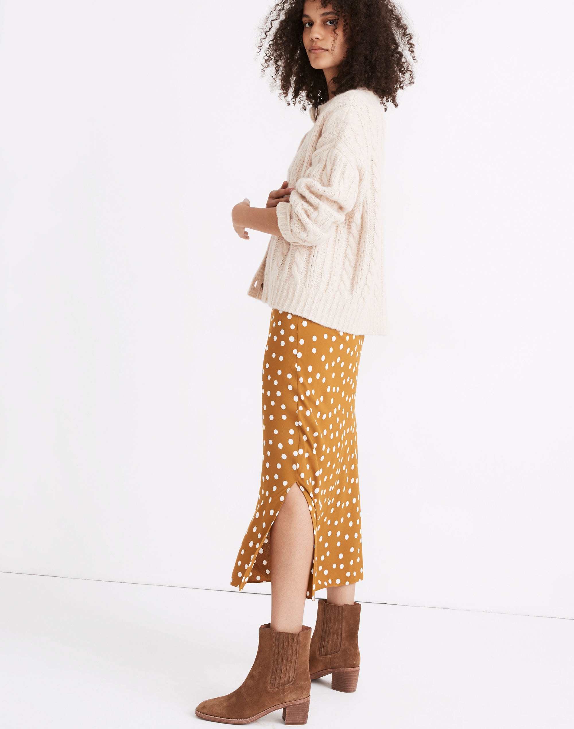 Drawstring Midi Slip Skirt in Big Dot