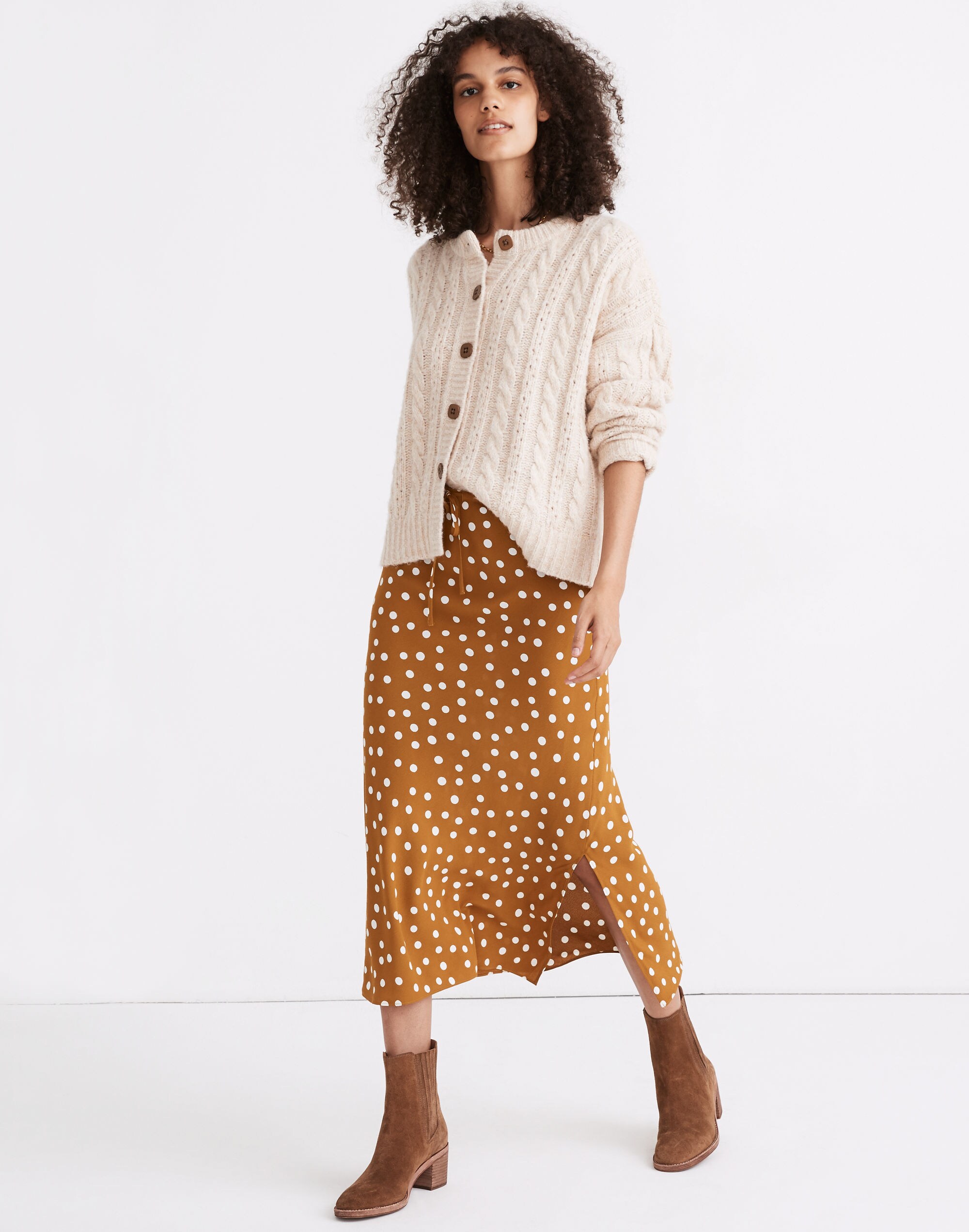 Drawstring Midi Slip Skirt in Big Dot