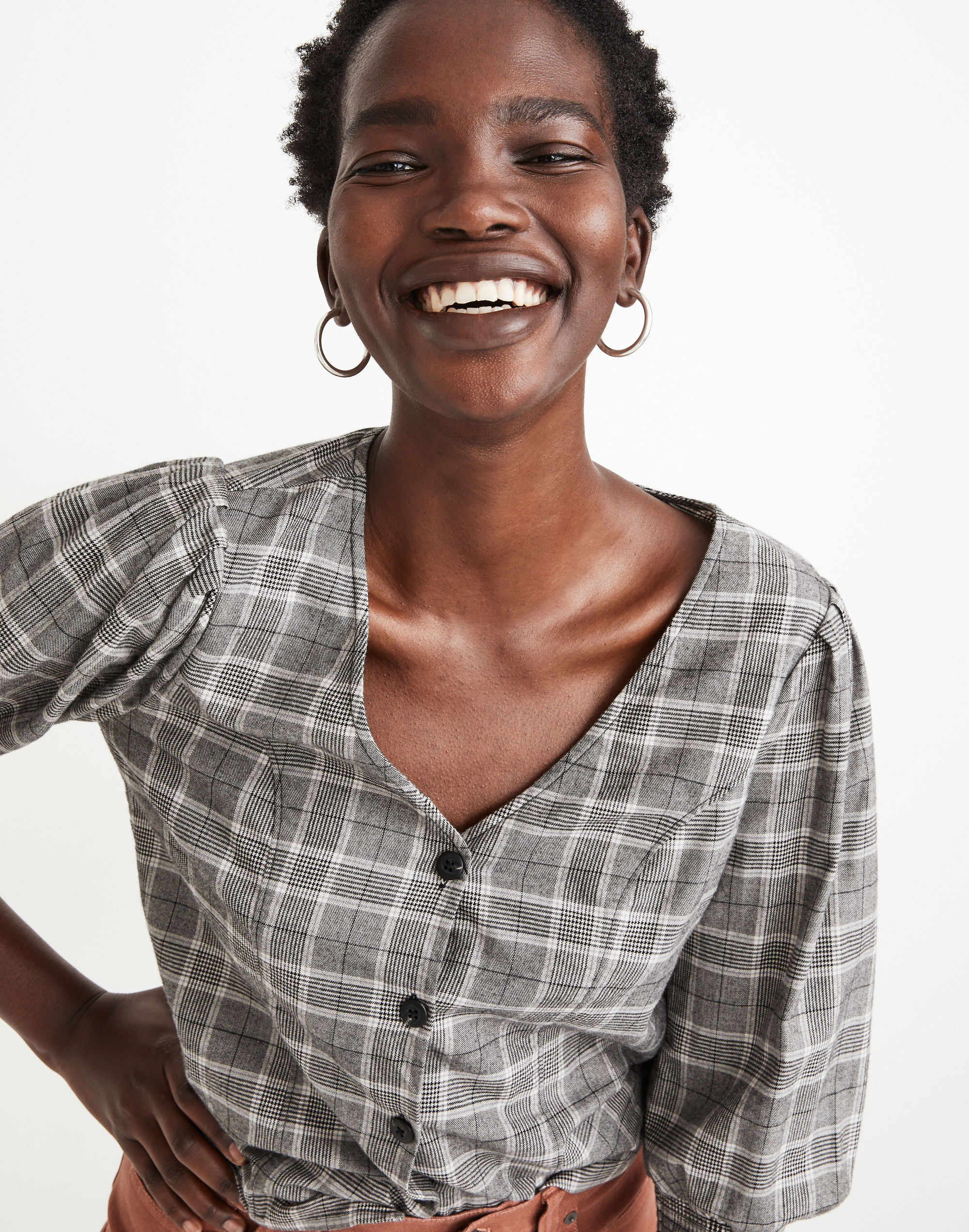 Plaid Smocked-Cuff Button-Front Shirt