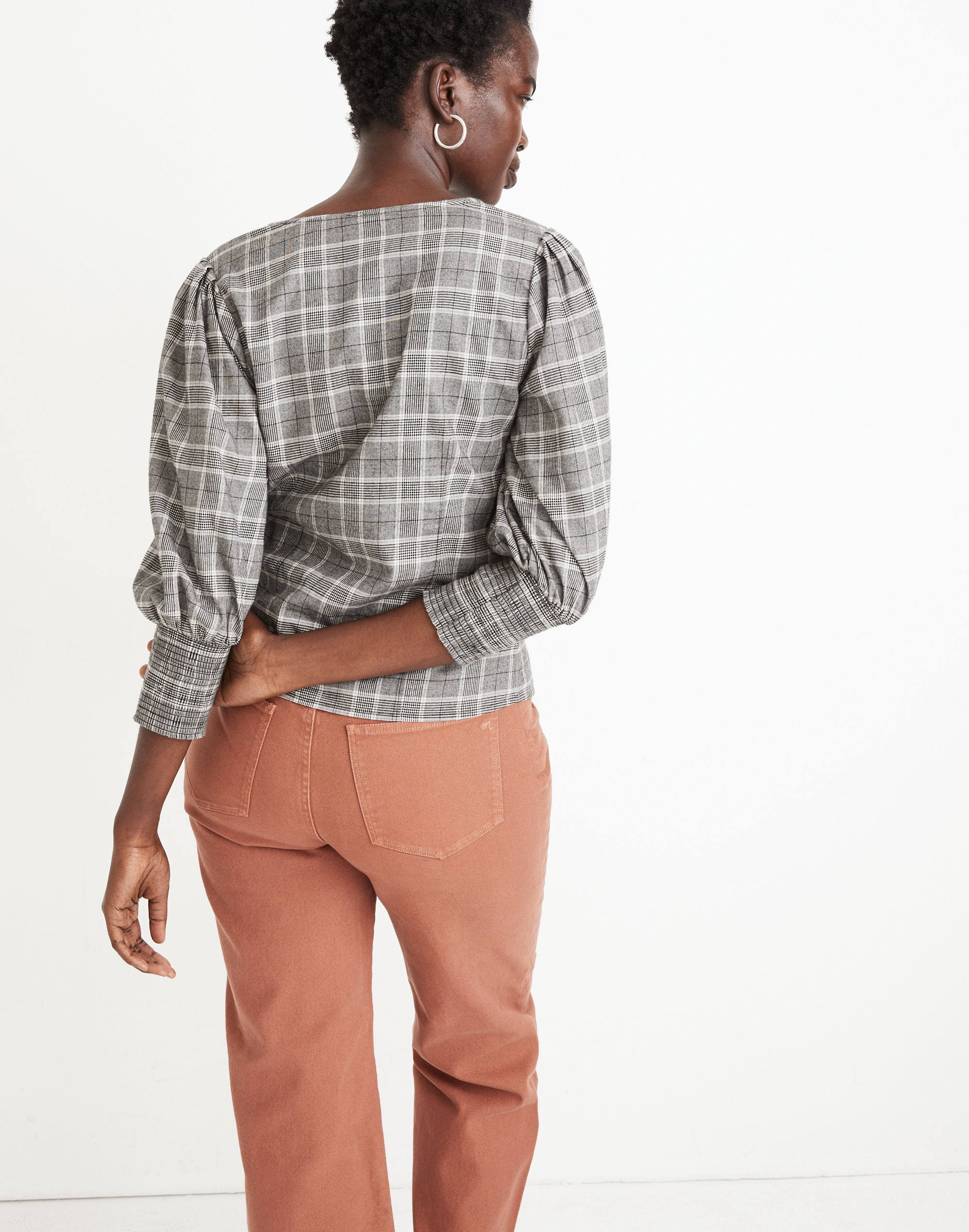 Plaid Smocked-Cuff Button-Front Shirt