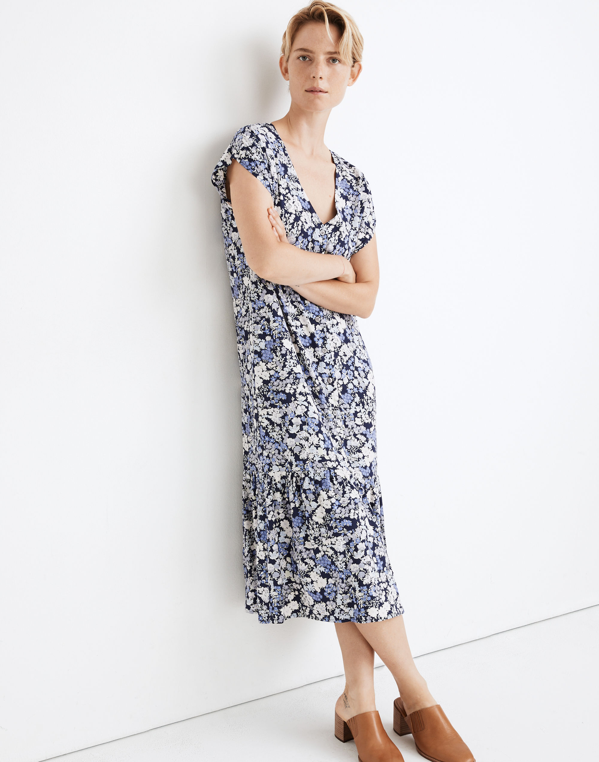 Button-Front Ruffle-Hem Midi Dress in Flower Garden