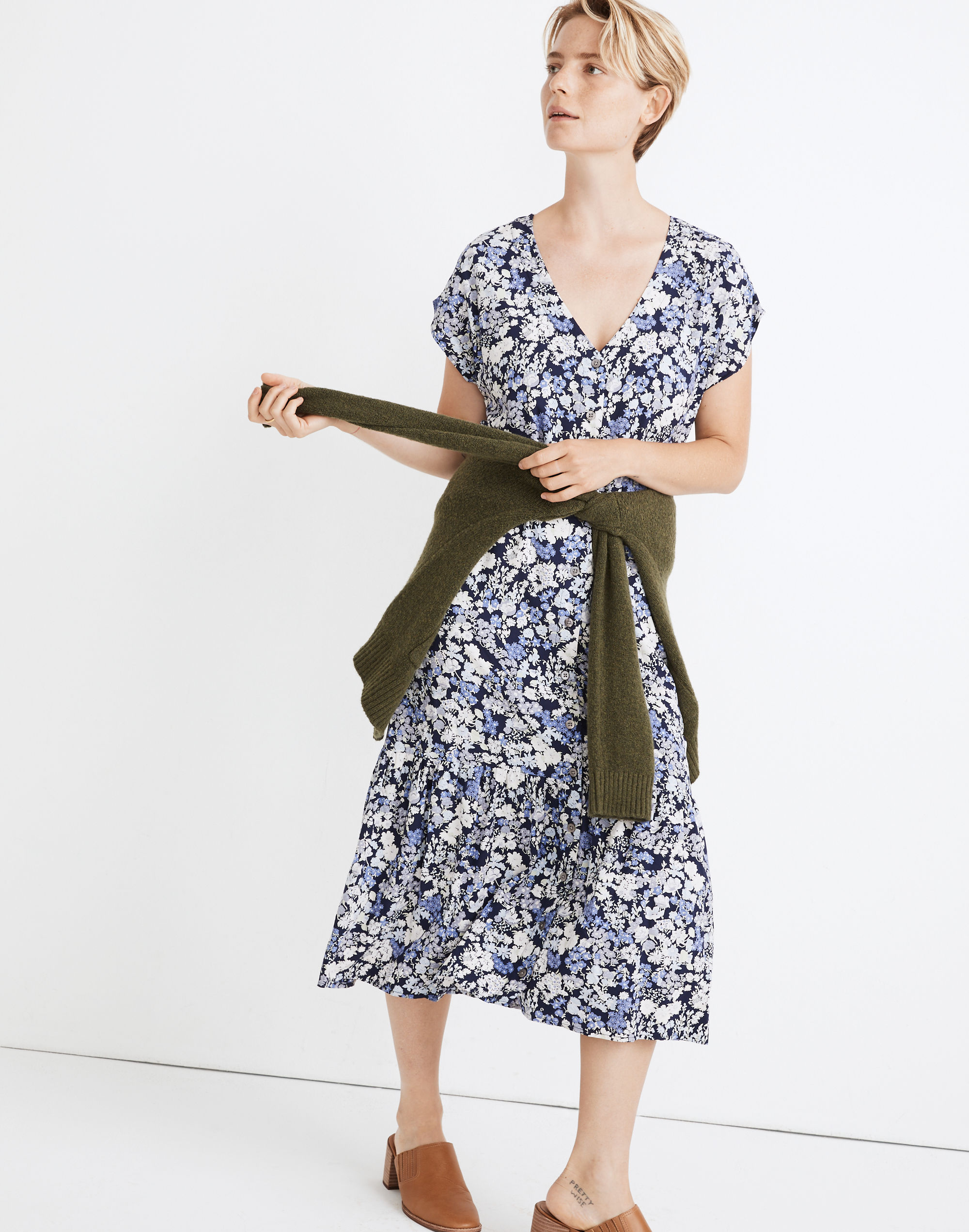 button-front ruffle-hem midi dress in flower garden