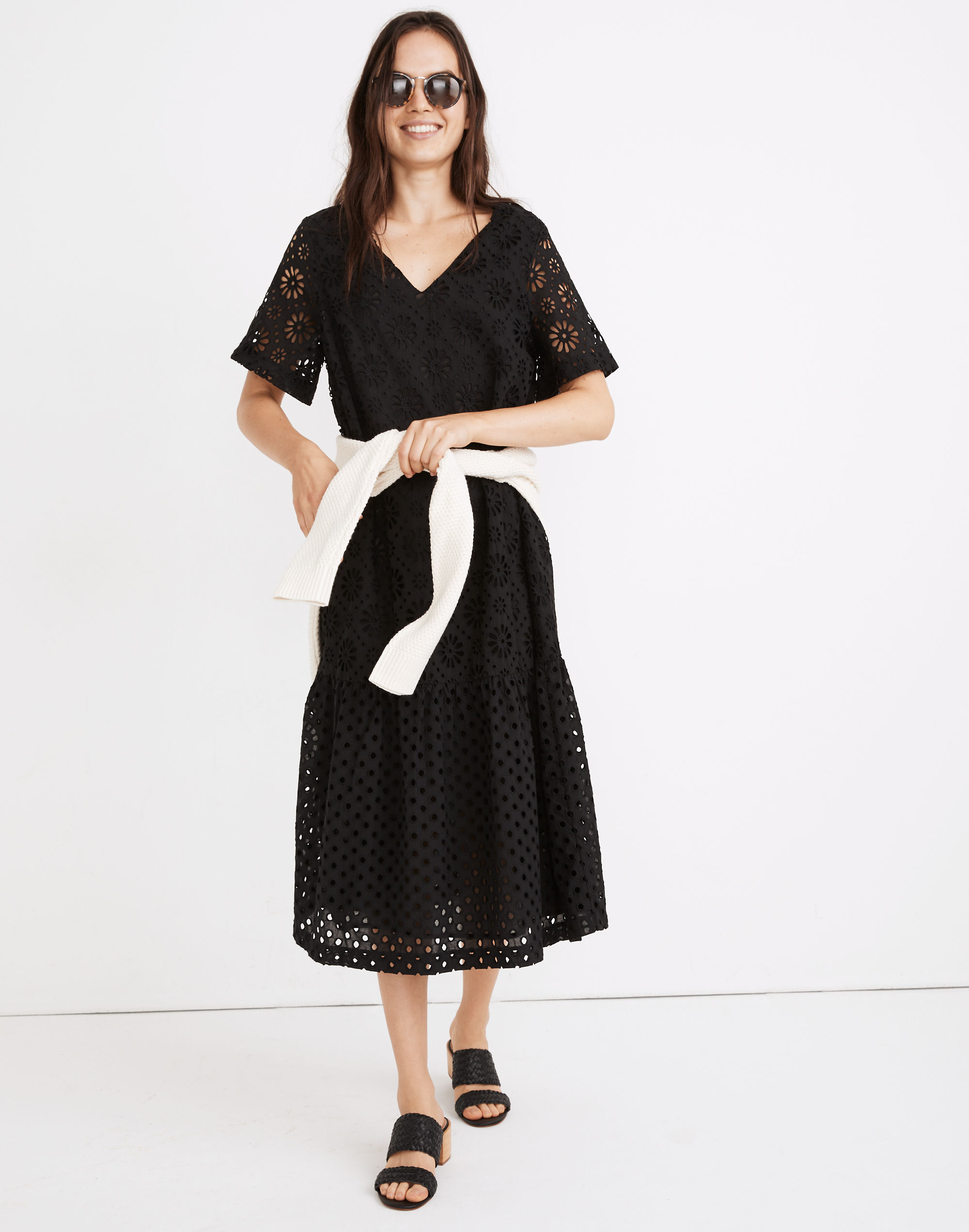 Petite Eyelet-Mix Midi Dress