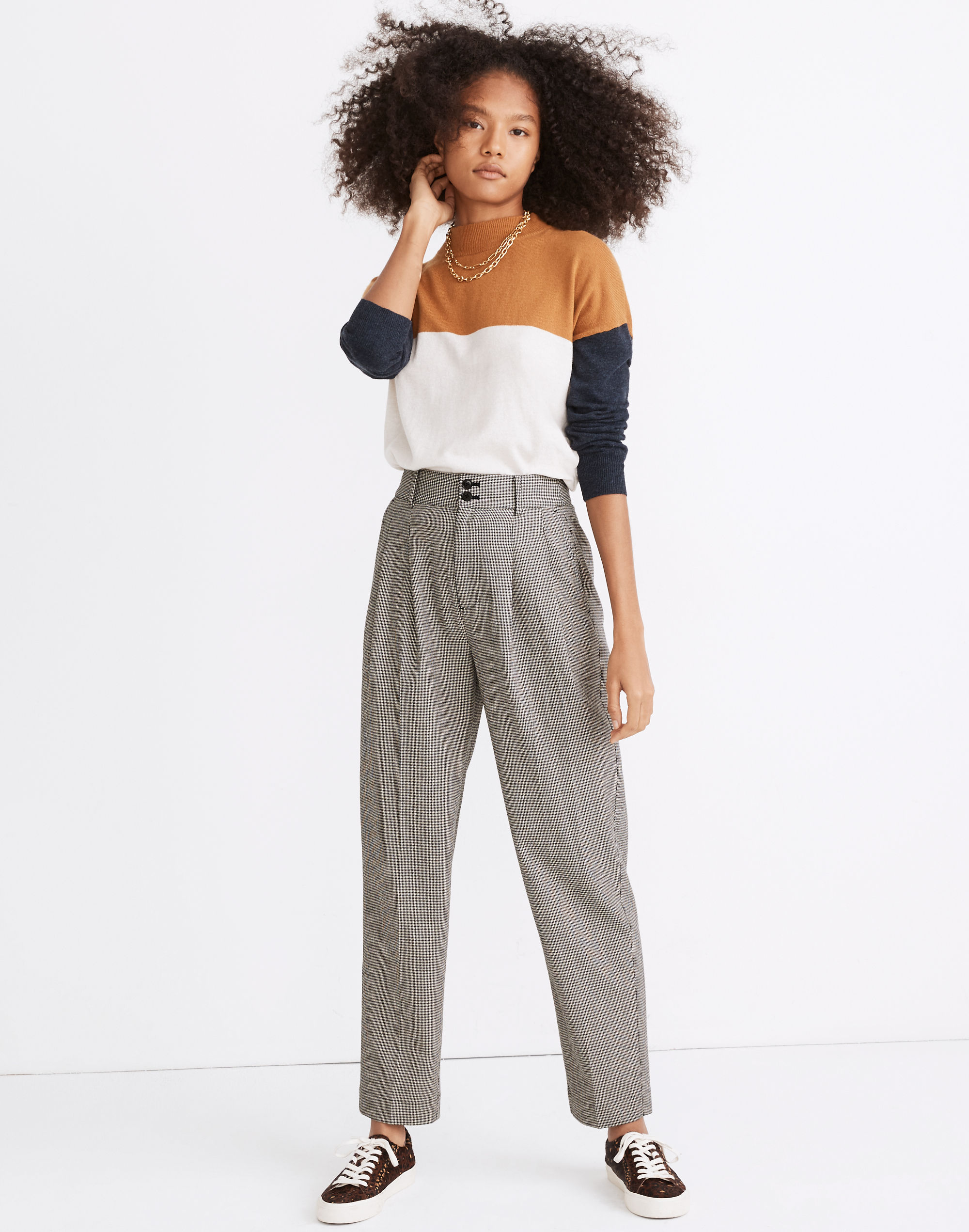 pleated taper wide-leg pants in mini houndstooth