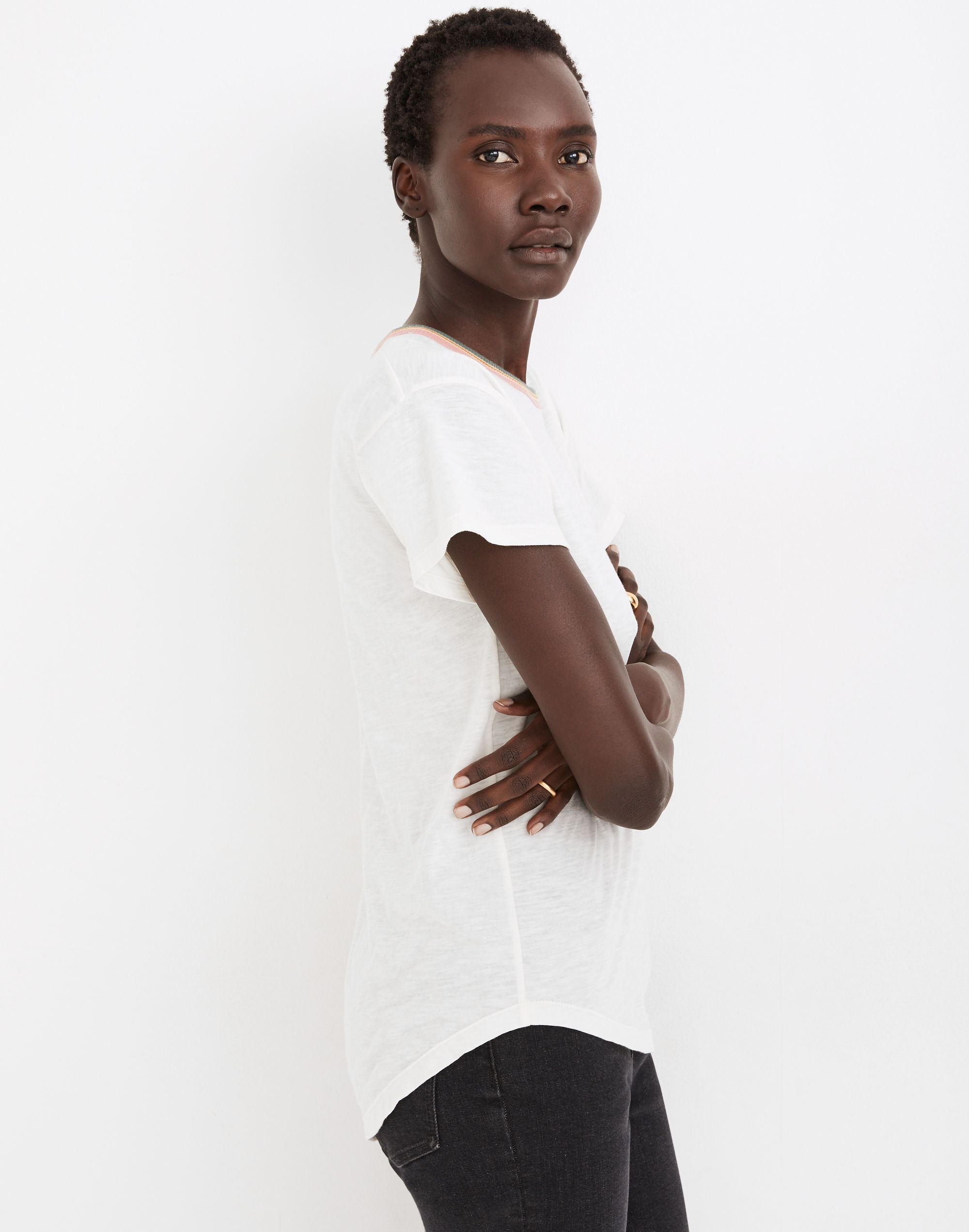 Whisper Cotton Striped Rib-Crewneck Ringer Tee