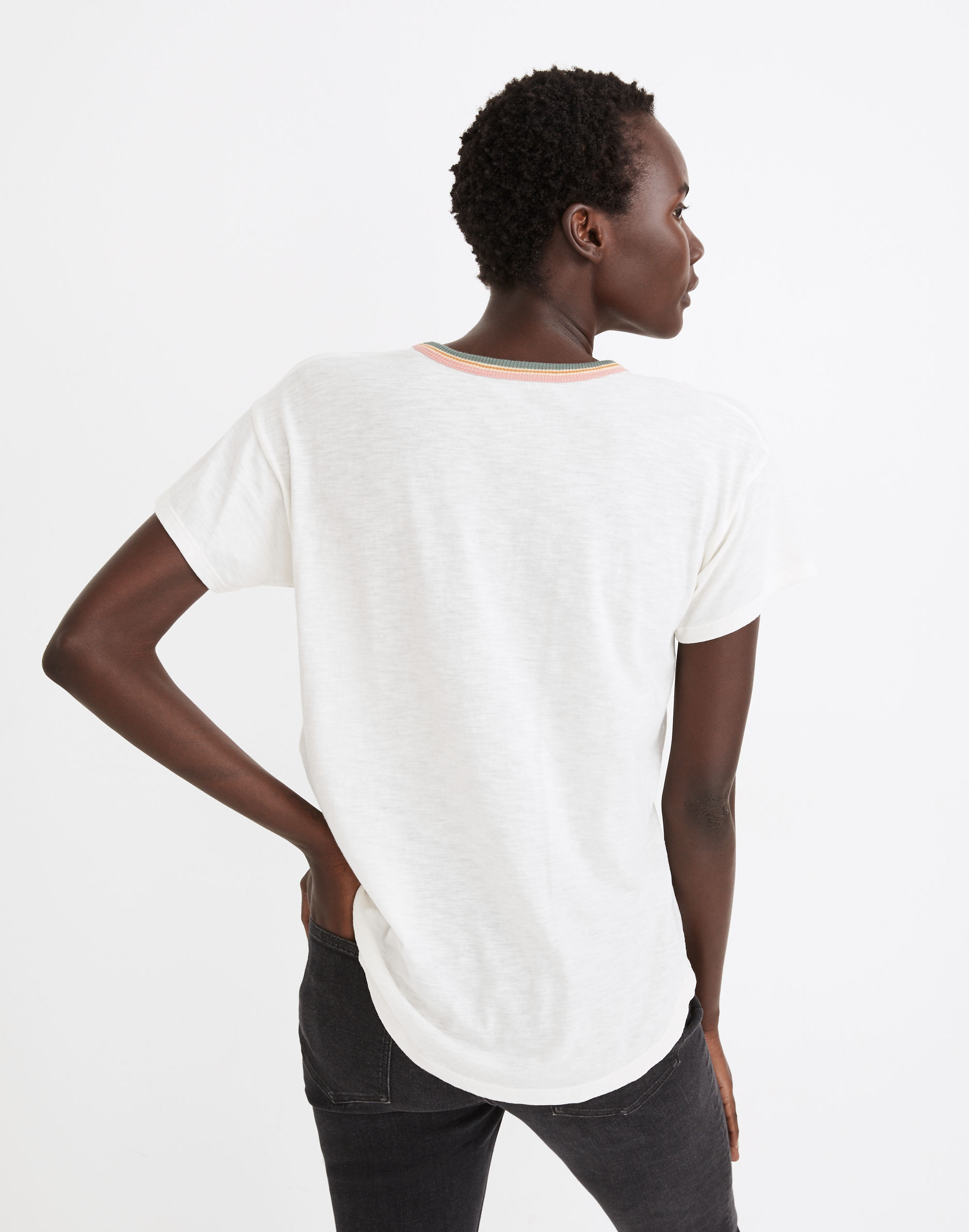 Whisper Cotton Striped Rib-Crewneck Ringer Tee