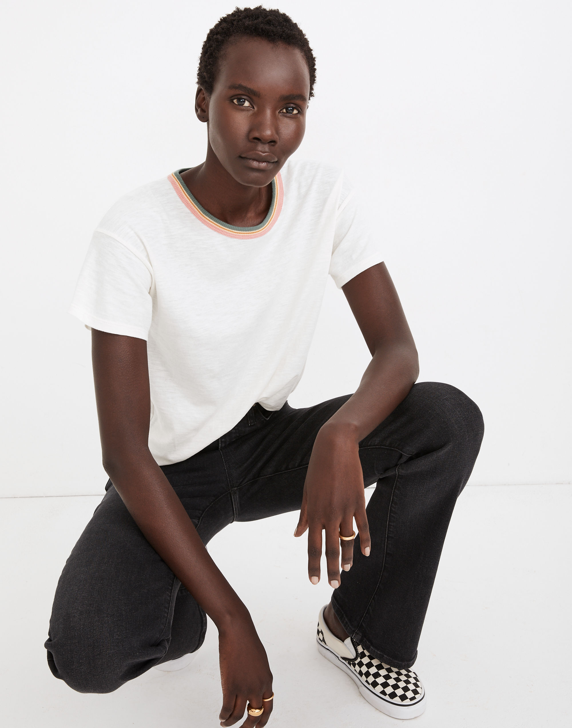 Whisper Cotton Striped Rib-Crewneck Ringer Tee