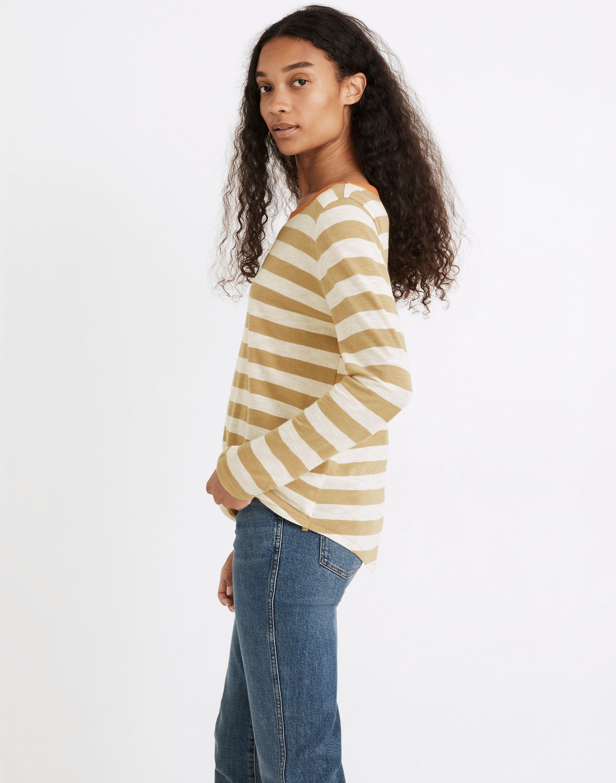 Whisper Cotton Rib-Crewneck Long-Sleeve Tee in Canarsie Stripe