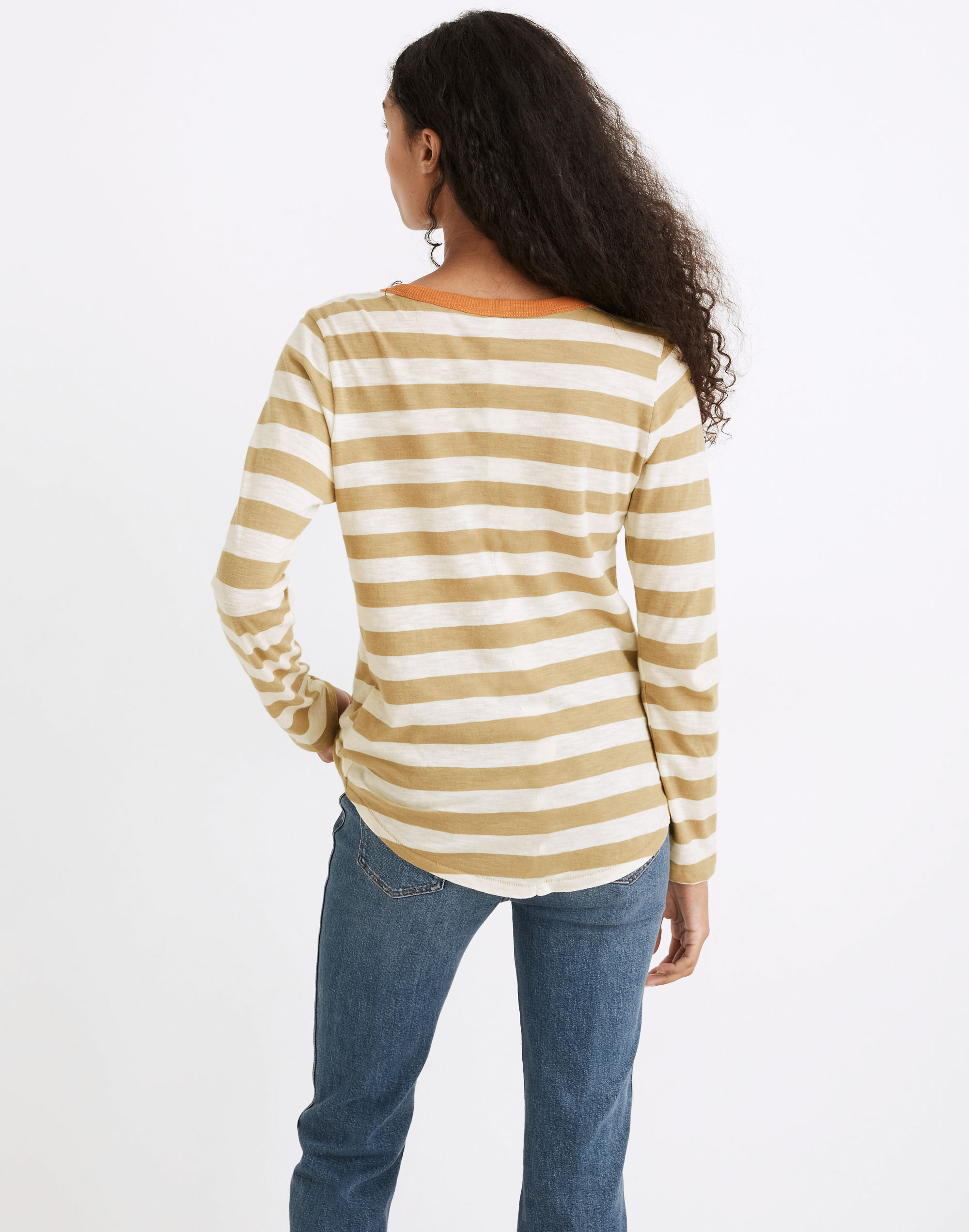 Whisper Cotton Rib-Crewneck Long-Sleeve Tee in Canarsie Stripe