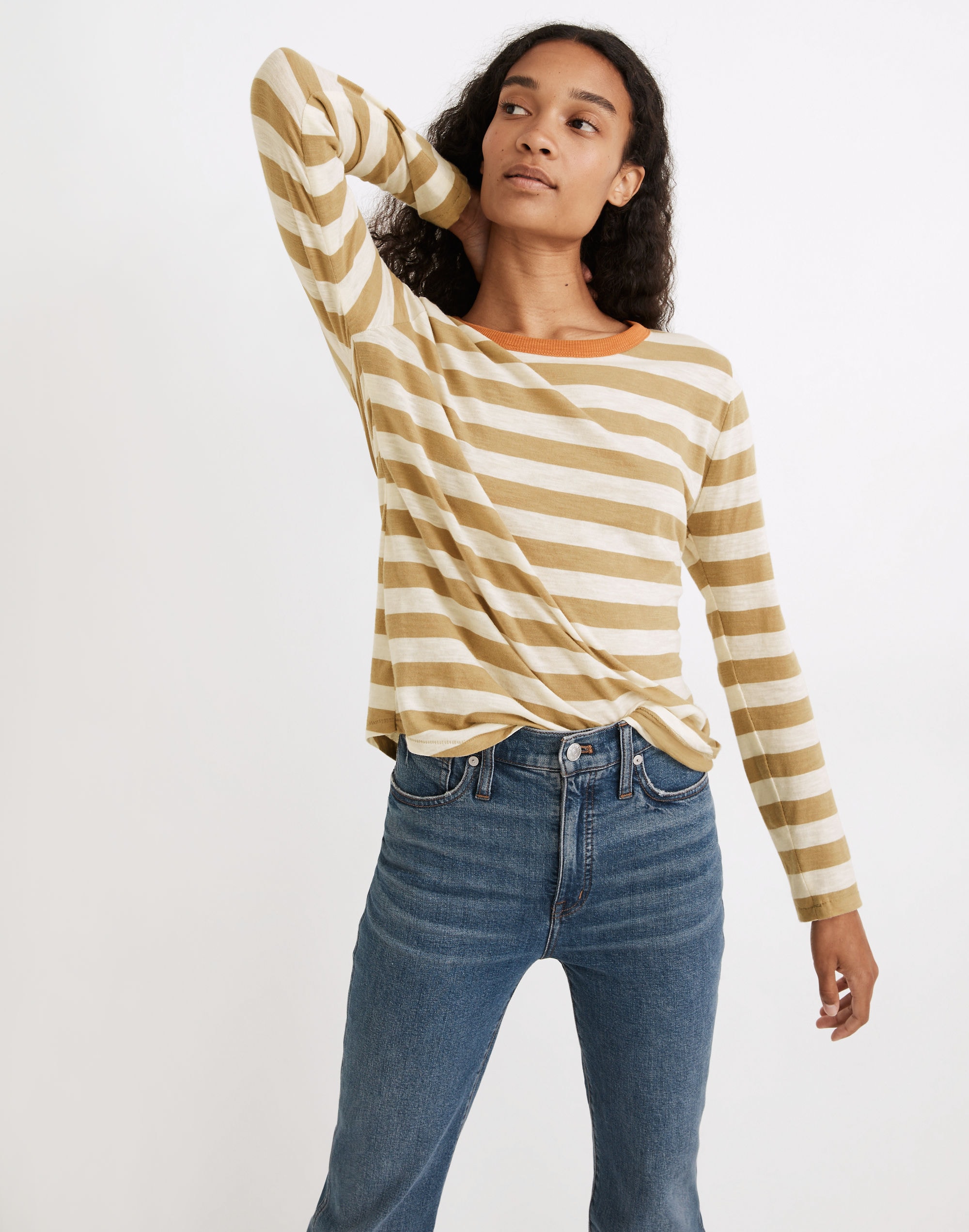 Whisper Cotton Rib-Crewneck Long-Sleeve Tee in Canarsie Stripe