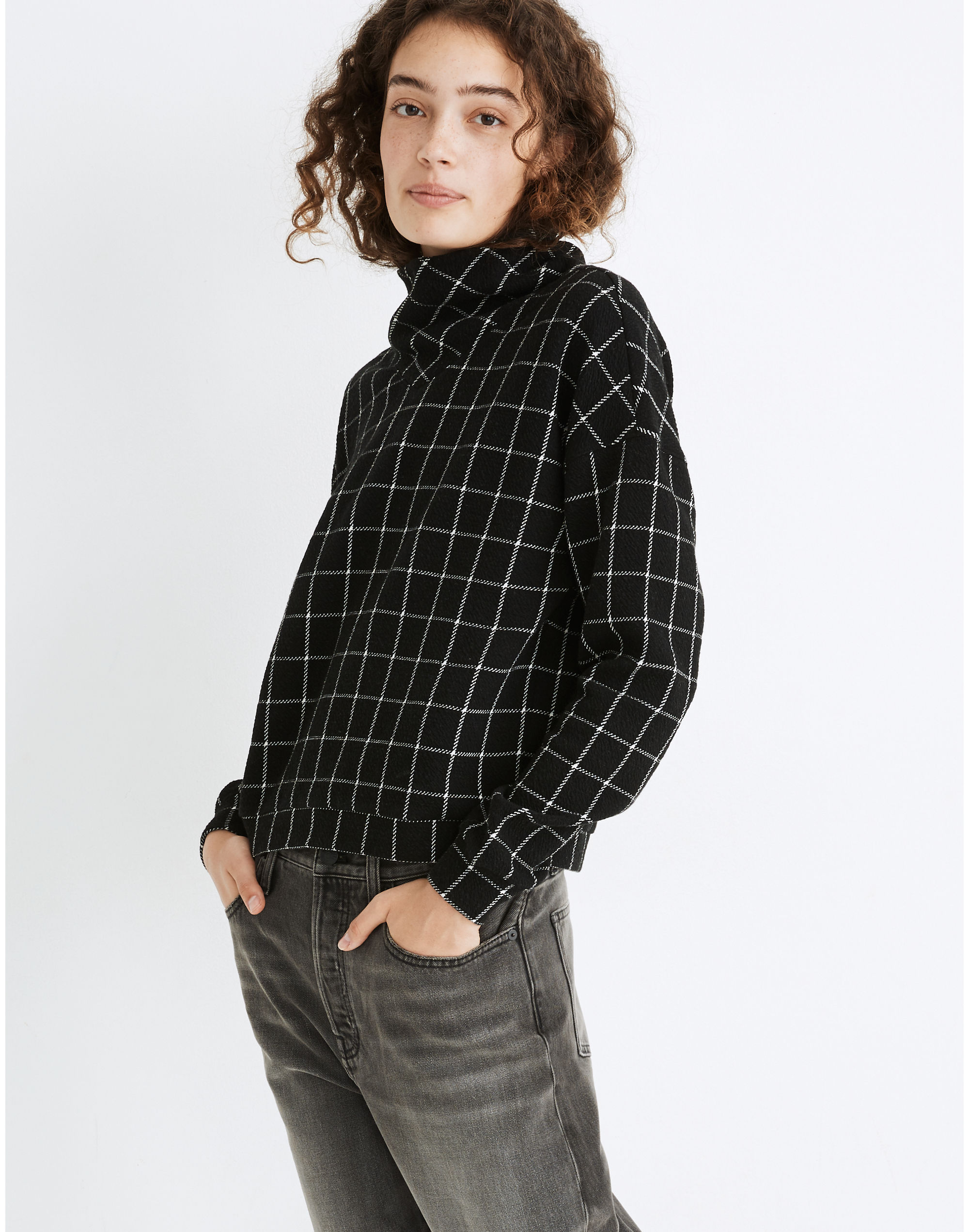 textured turtleneck top in windowpane