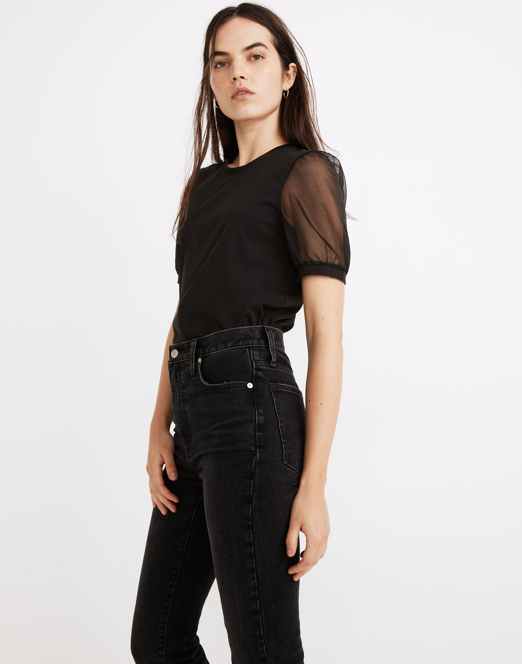 Sheer-Sleeve Knit Top