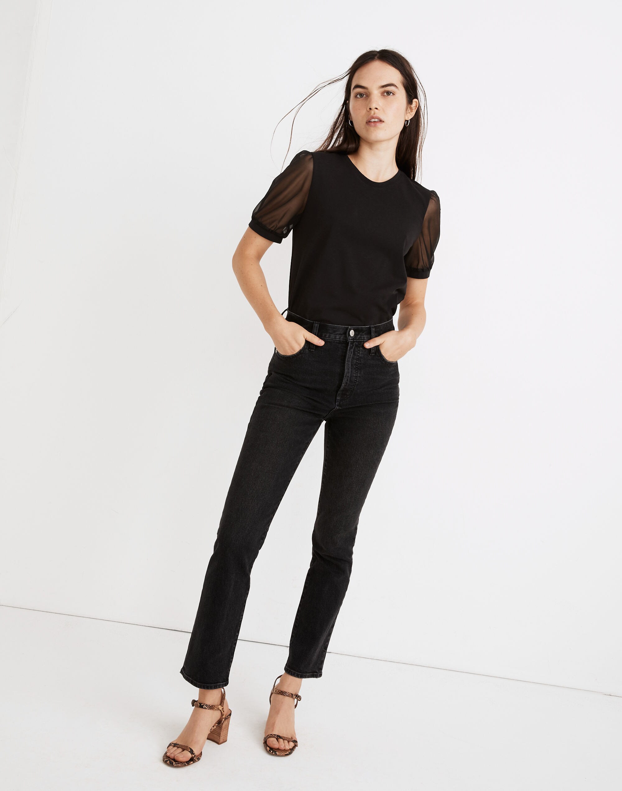 Sheer-Sleeve Knit Top