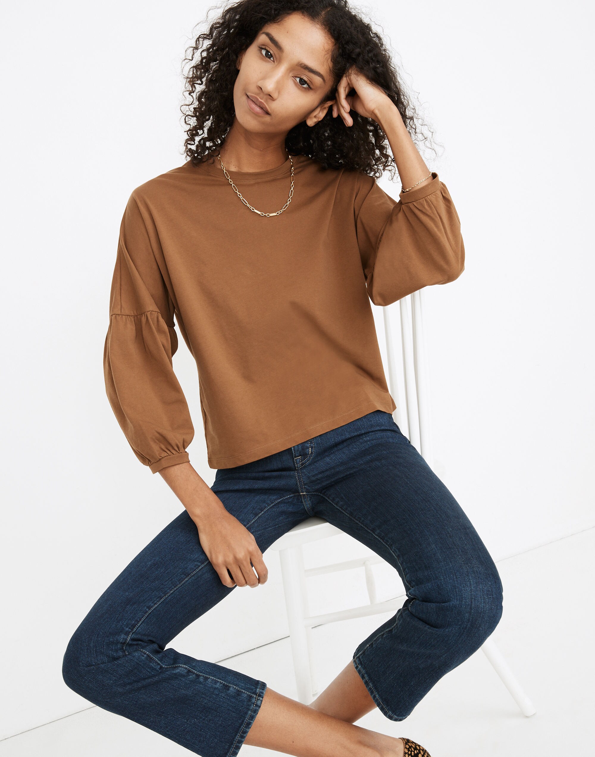 Crepe Drop-Shoulder Bubble-Sleeve Tee