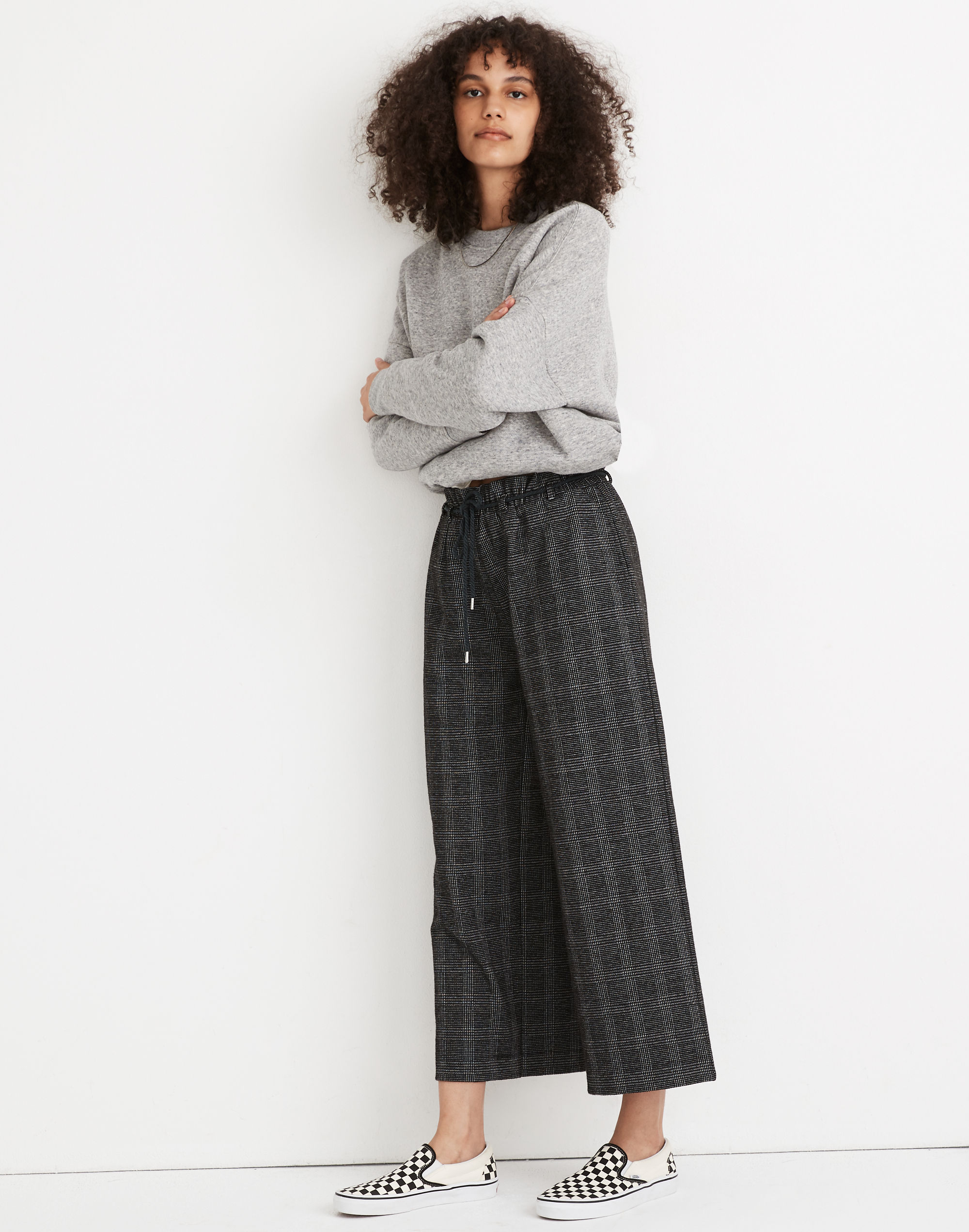 Glen Plaid Knit Wide-Leg Crop Pants