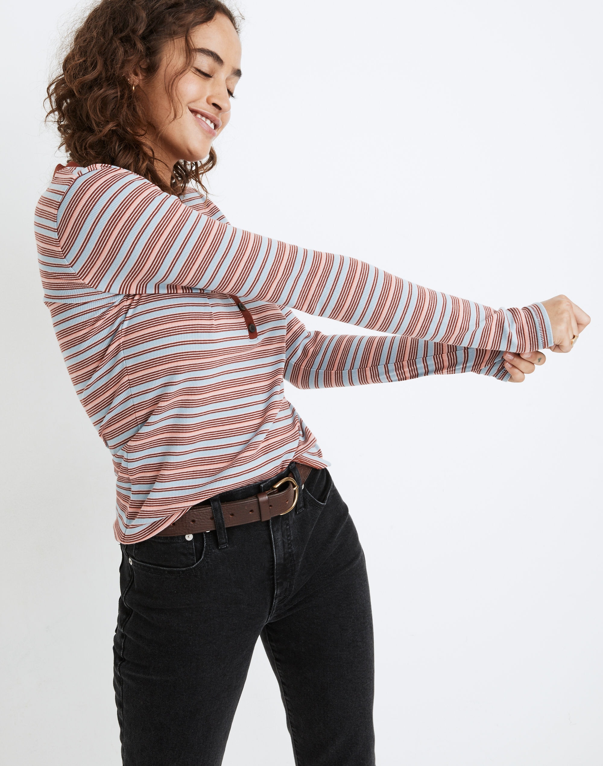 Fine Ribbed Henley Tee in Stripe