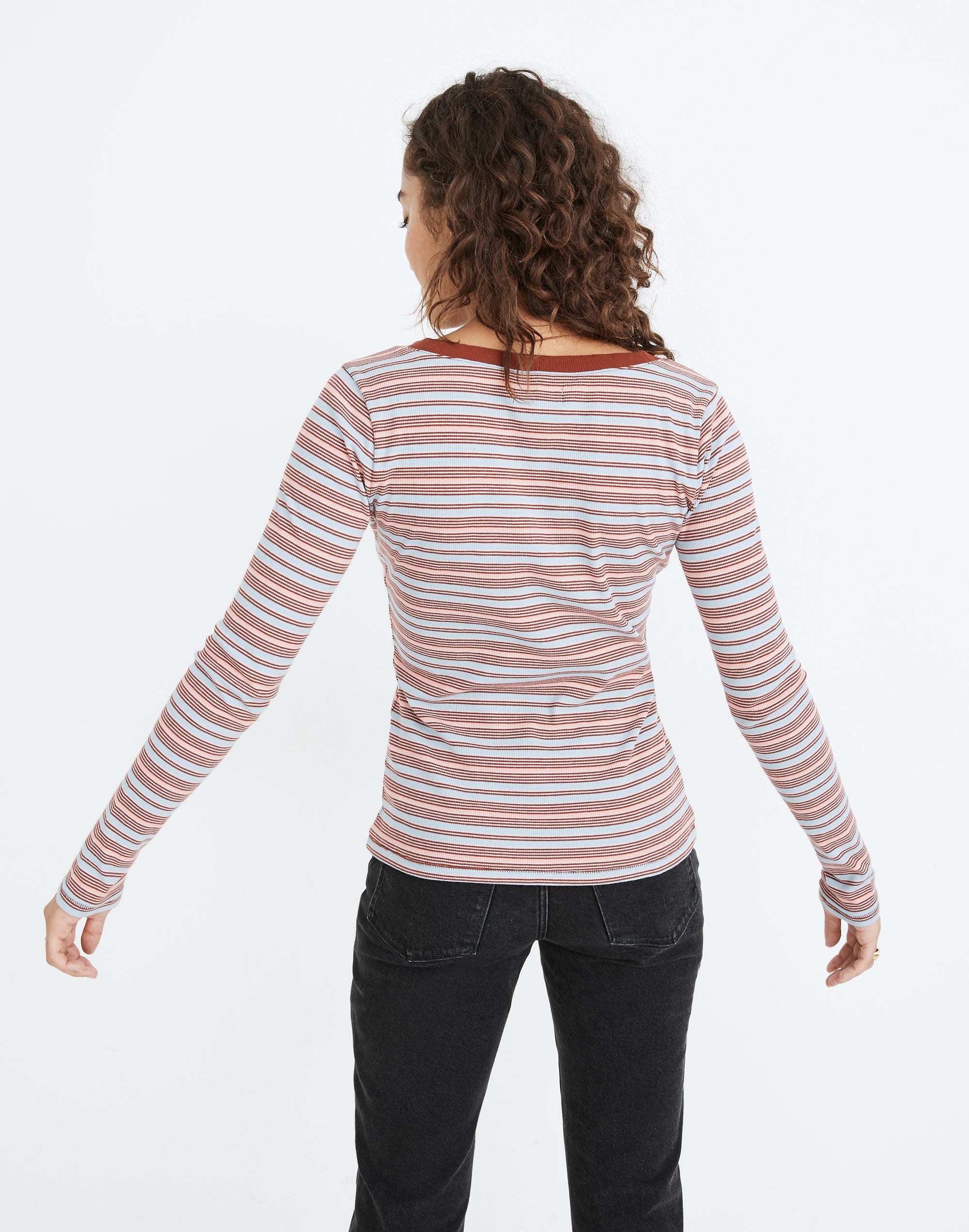 Fine Ribbed Henley Tee in Stripe