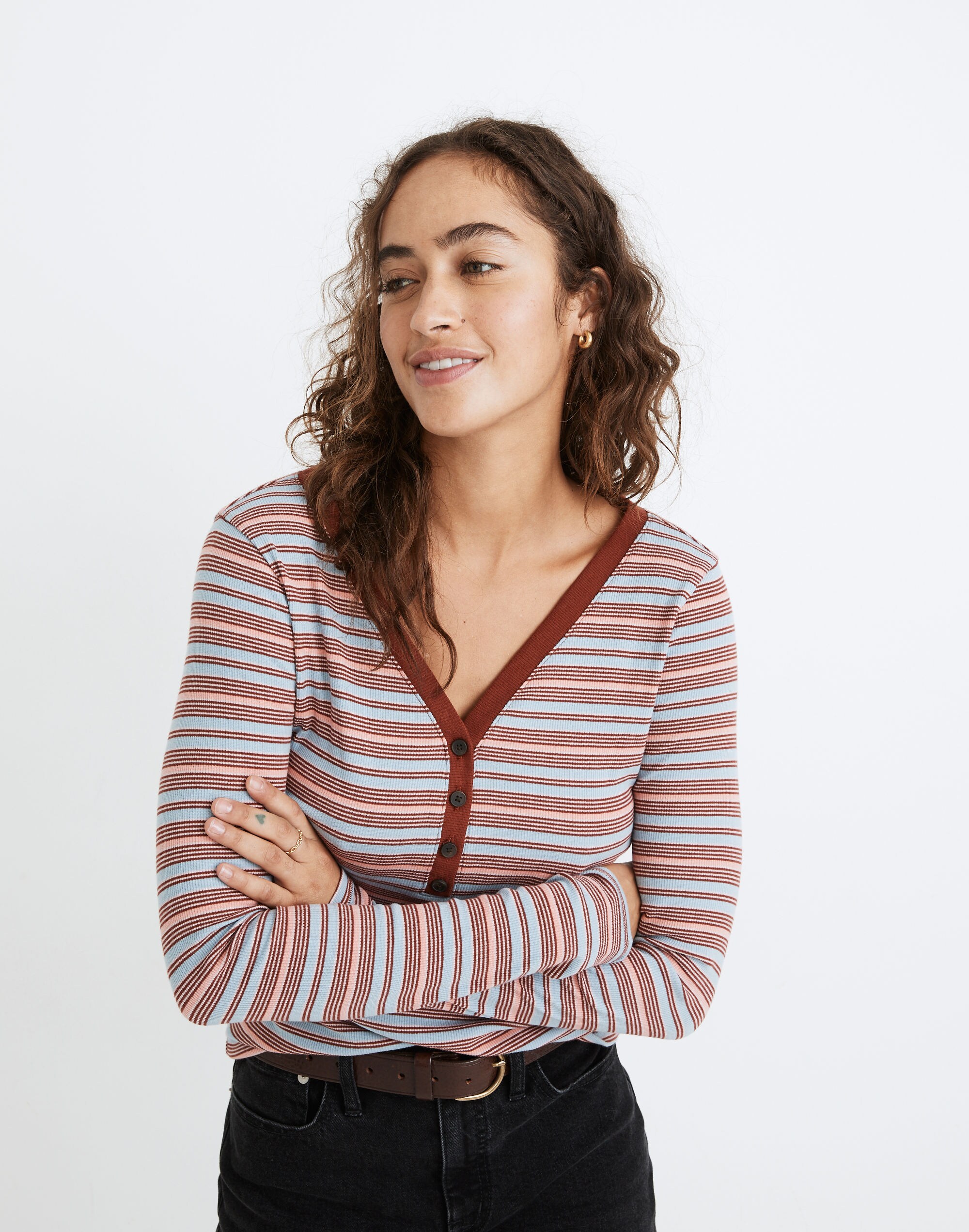 Fine Ribbed Henley Tee in Stripe