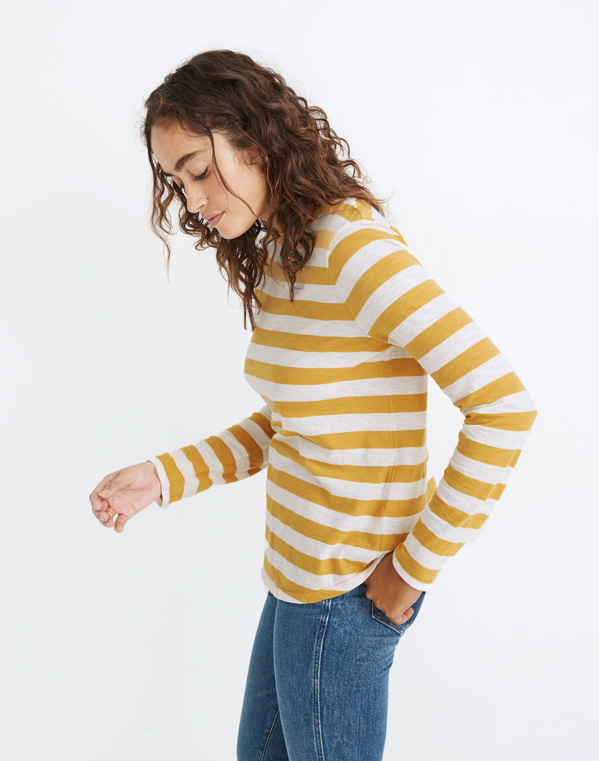 Whisper Cotton Rib-Crewneck Long-Sleeve Ringer Tee in Canarsie Stripe