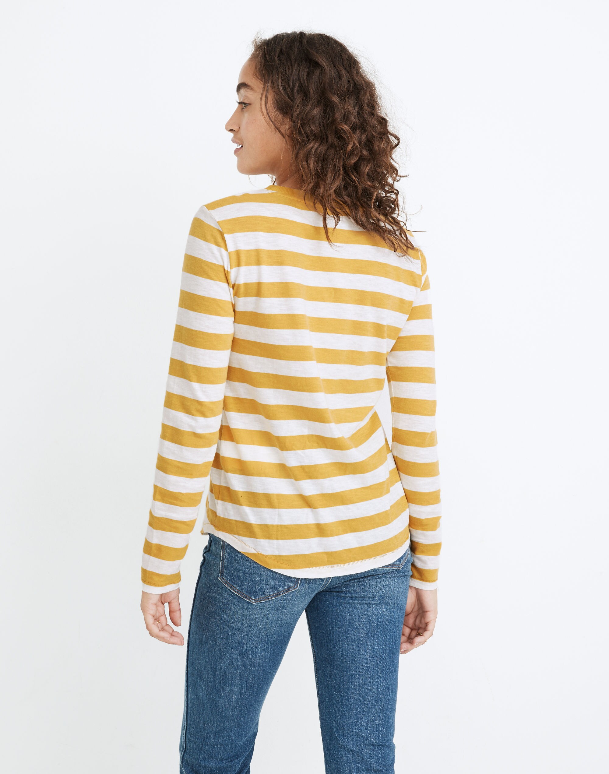 Whisper Cotton Rib-Crewneck Long-Sleeve Ringer Tee in Canarsie Stripe