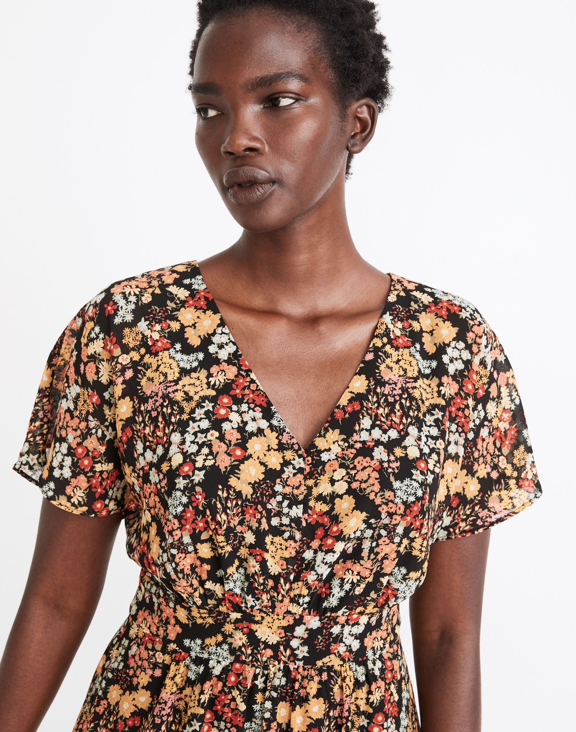 Dolman-Sleeve Ruffle-Hem Midi Dress in Flower Garden