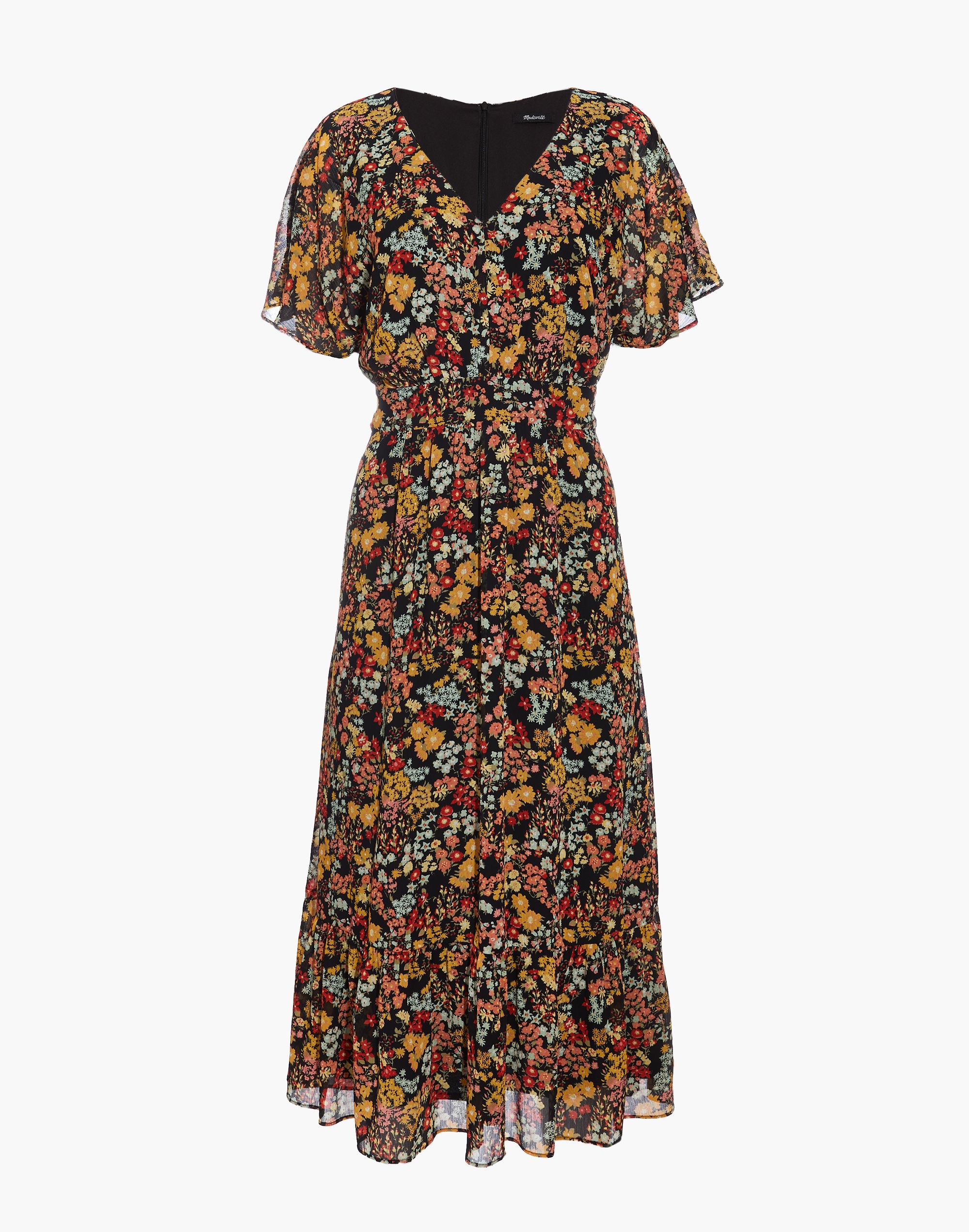 Dolman-Sleeve Ruffle-Hem Midi Dress in Flower Garden